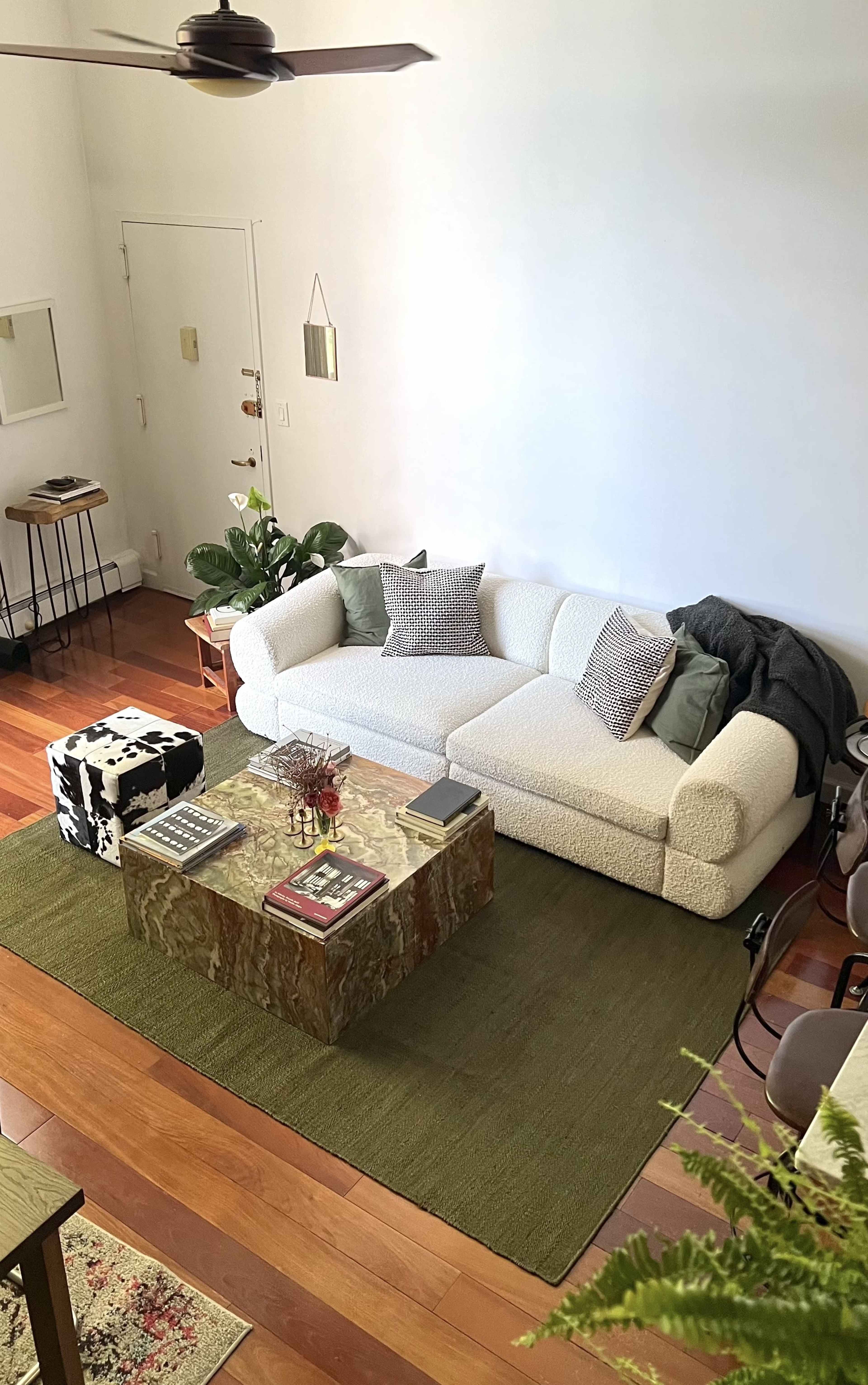 The room features a white, textured couch, a patterned coffee table, and a green area rug, with wooden flooring and a few plants adding to the decor.