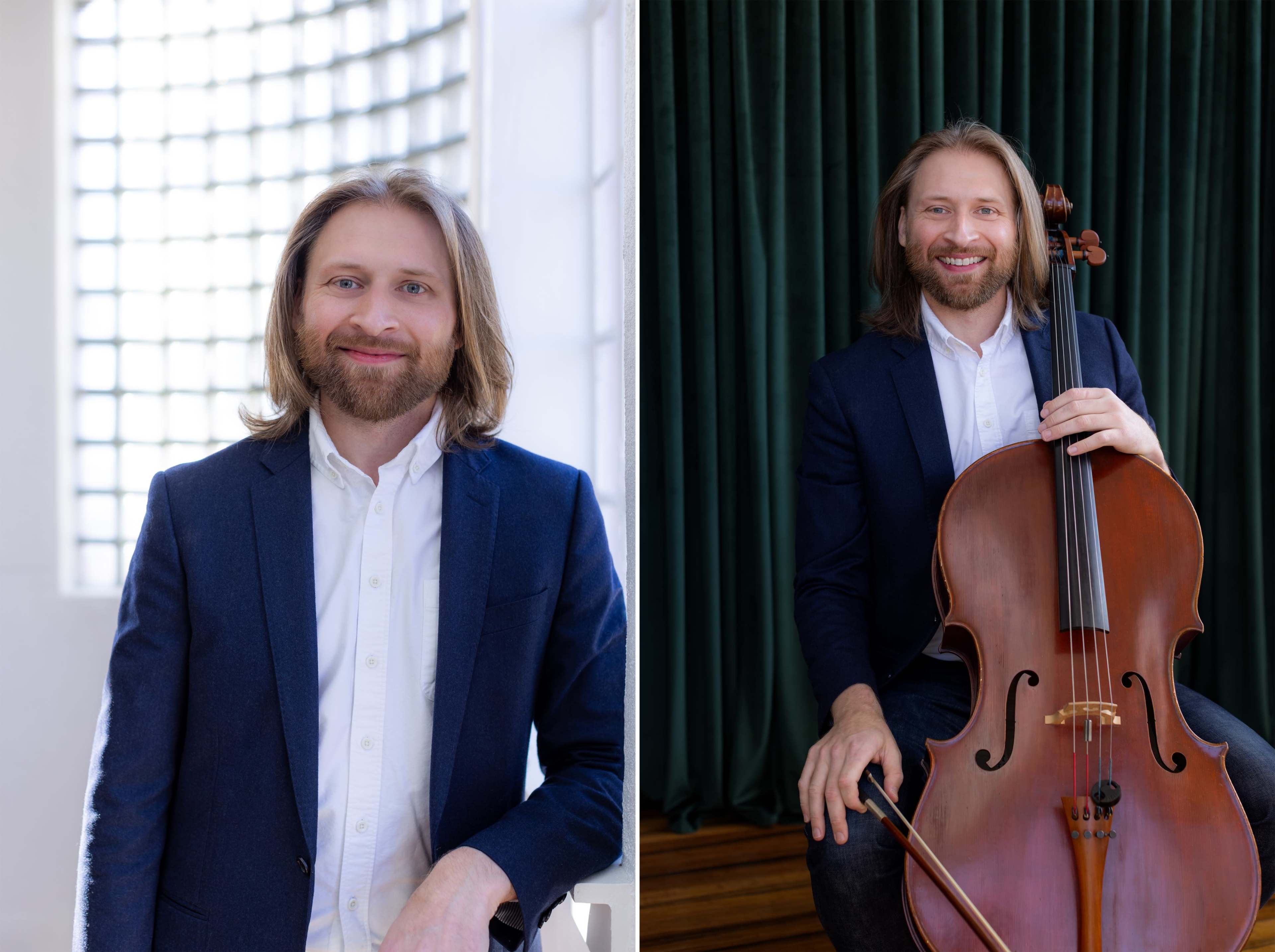 The image features a man with long hair, dressed in a blazer, posing in two separate portraits: one with a bright background and the other against a dark green curtain, while holding a cello.