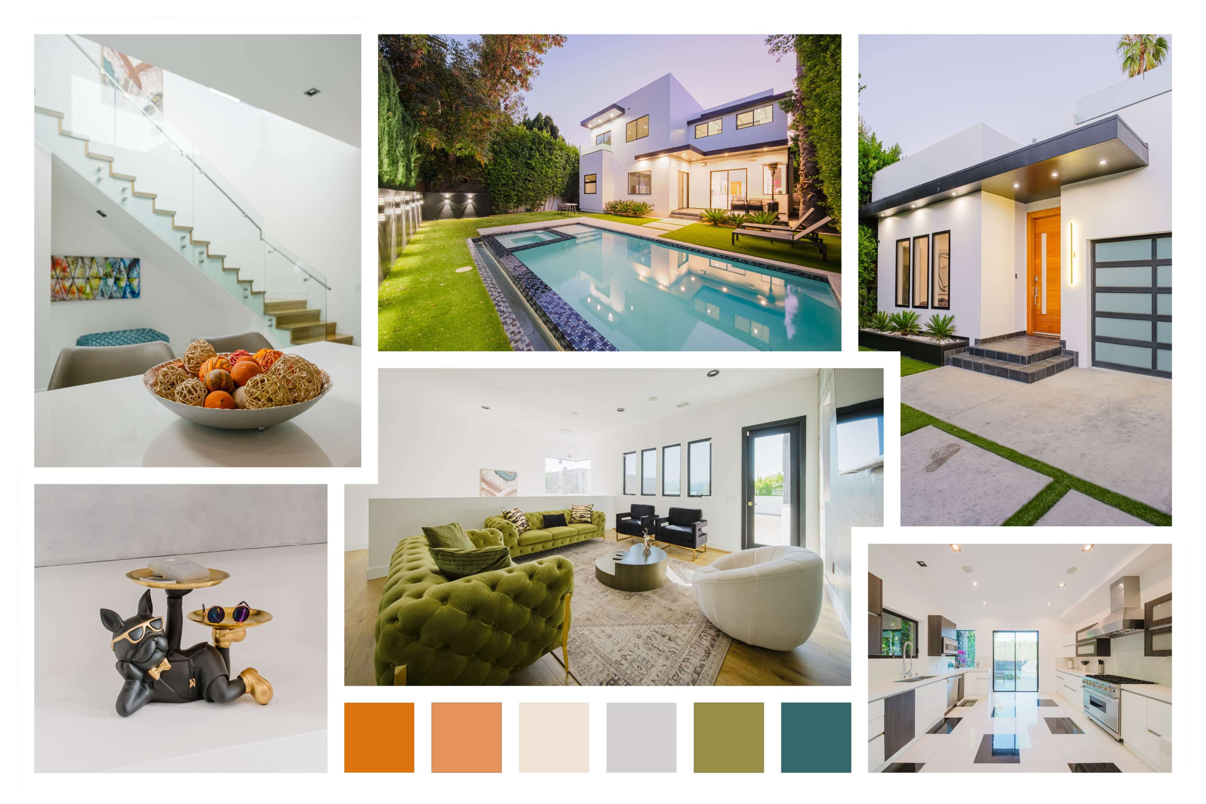 The image features a collage showcasing modern home interiors and exteriors, including a swimming pool, staircase, living area, and kitchen, accompanied by color palettes.