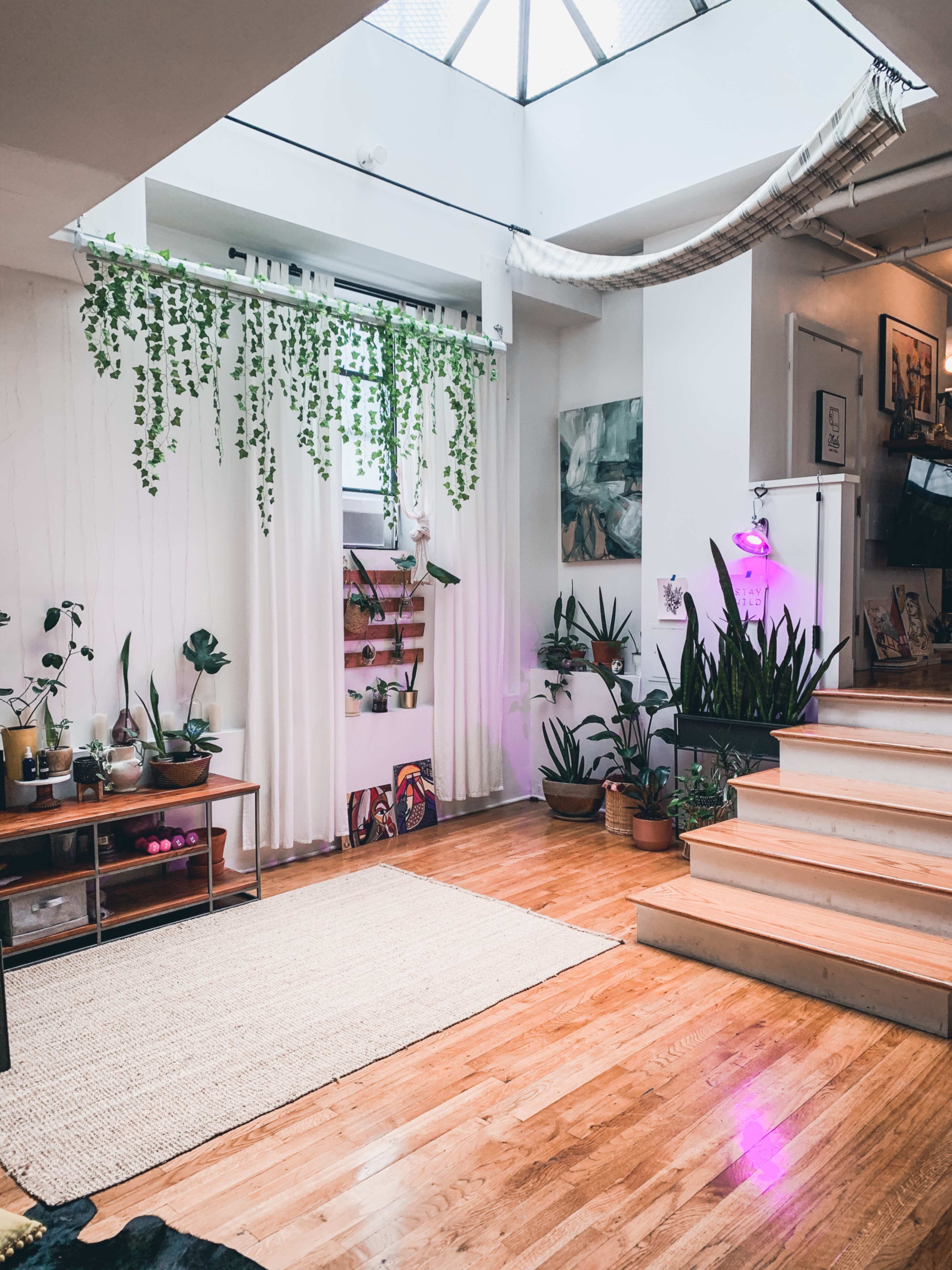 A modern interior space with wooden flooring, a staircase, various potted plants, and a large window with hanging greenery.