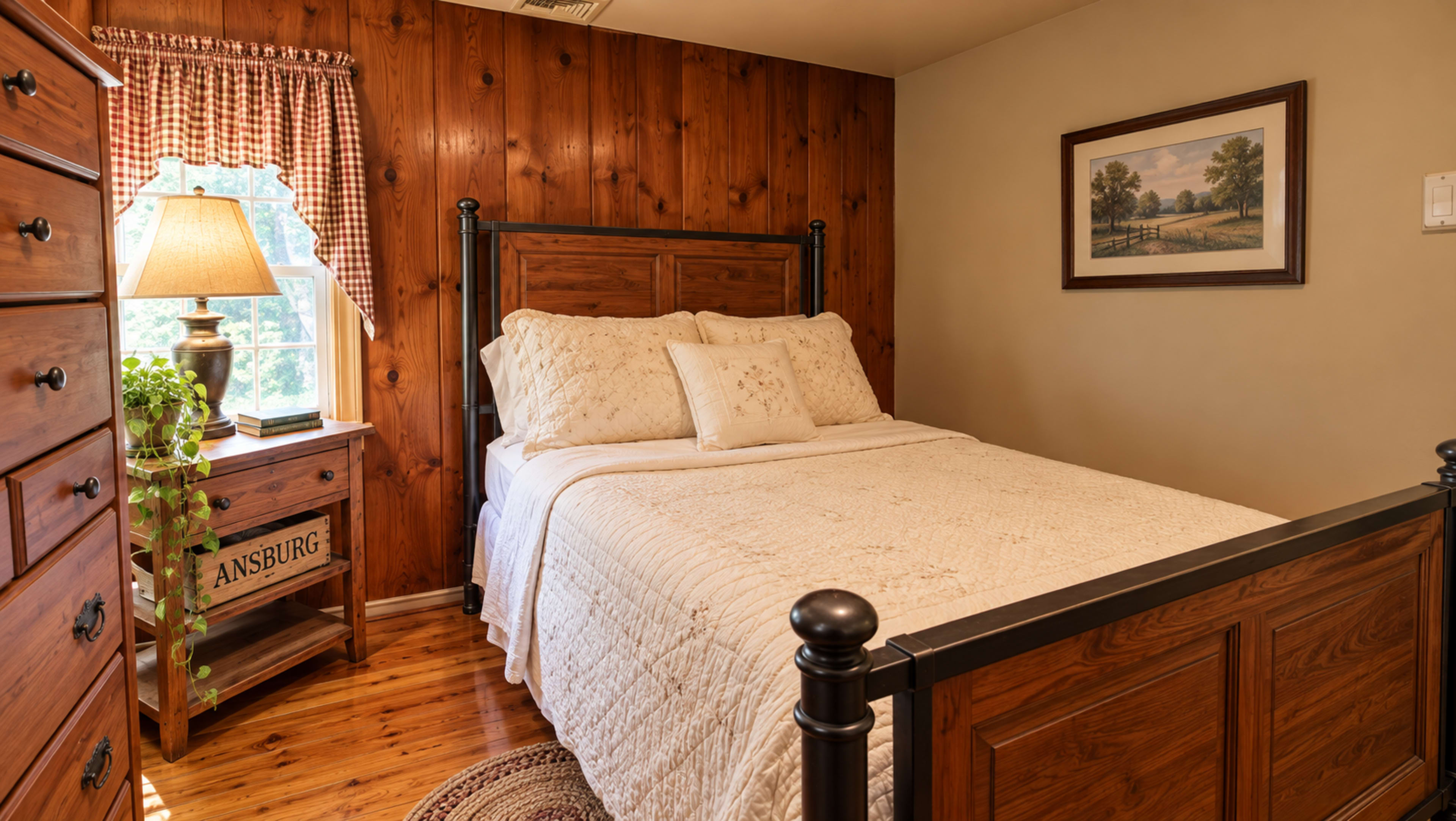 The image shows a cozy bedroom with wooden walls, featuring a bed with a white quilt, a nightstand with a lamp, and a framed landscape painting.