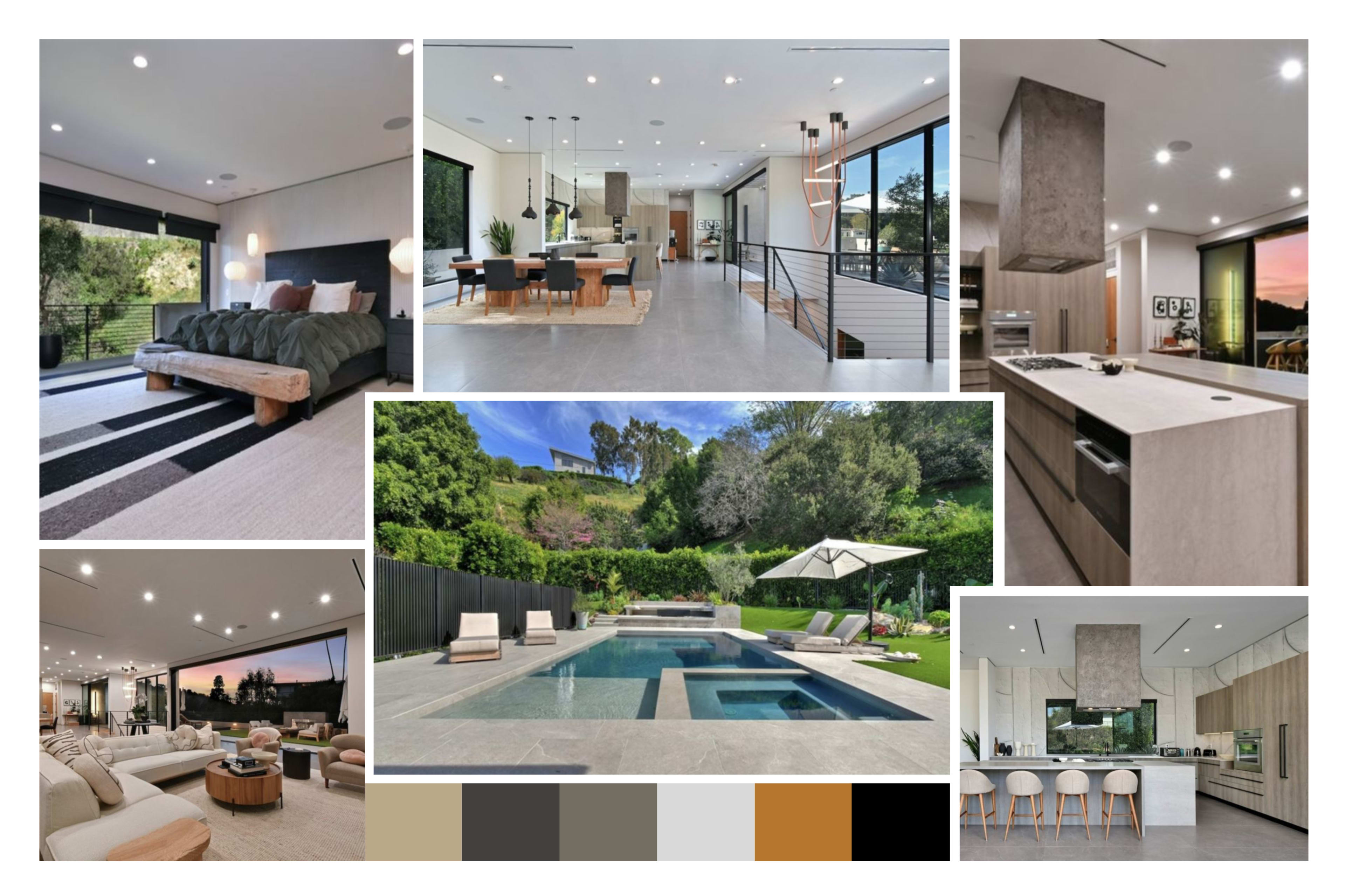 The image showcases a modern home interior featuring an open living space, sleek kitchen, dining area, and a backyard pool surrounded by greenery.