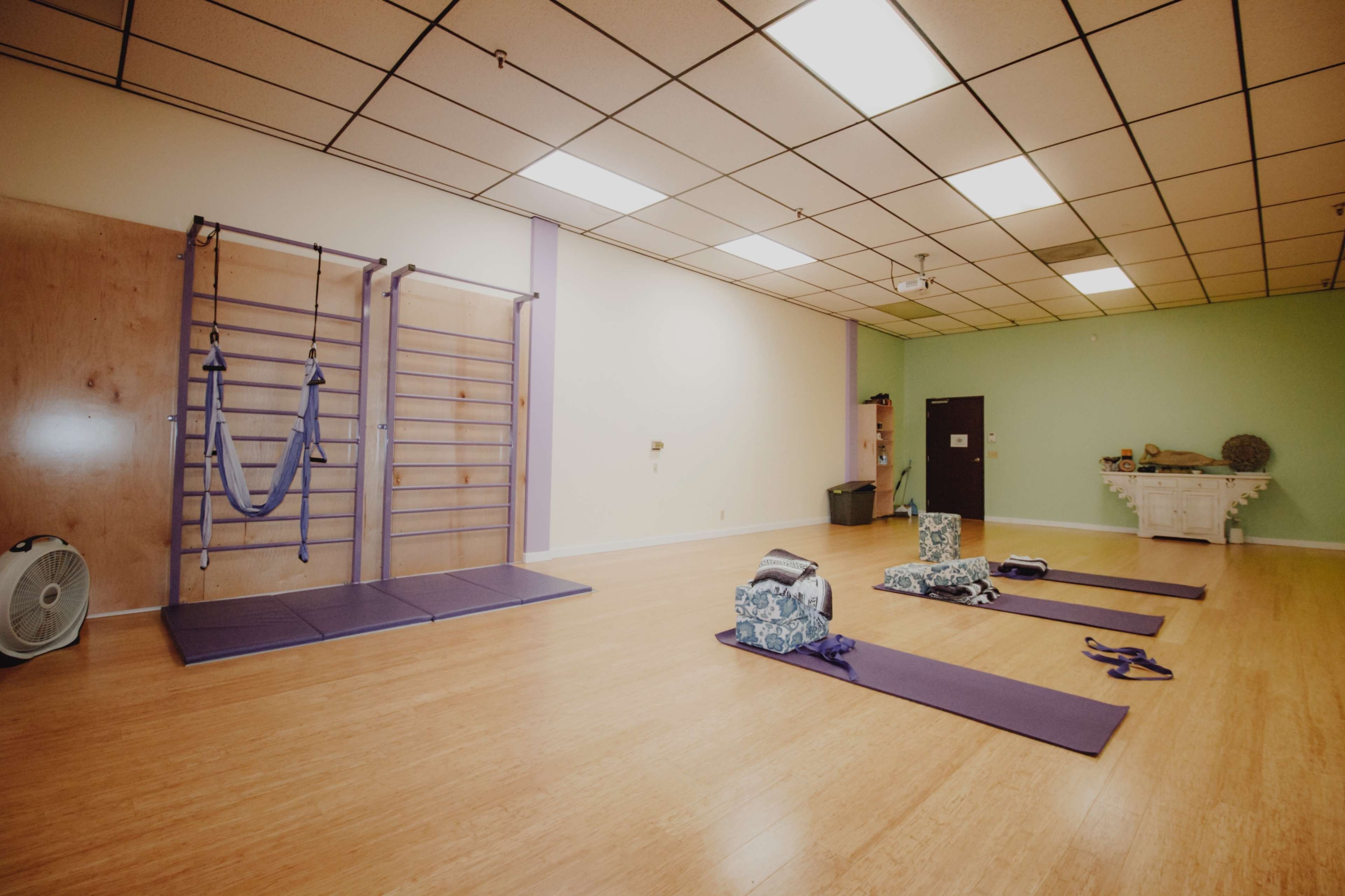 The image shows a spacious yoga studio with wooden flooring, yoga mats laid out, and a wall-mounted exercise apparatus.
