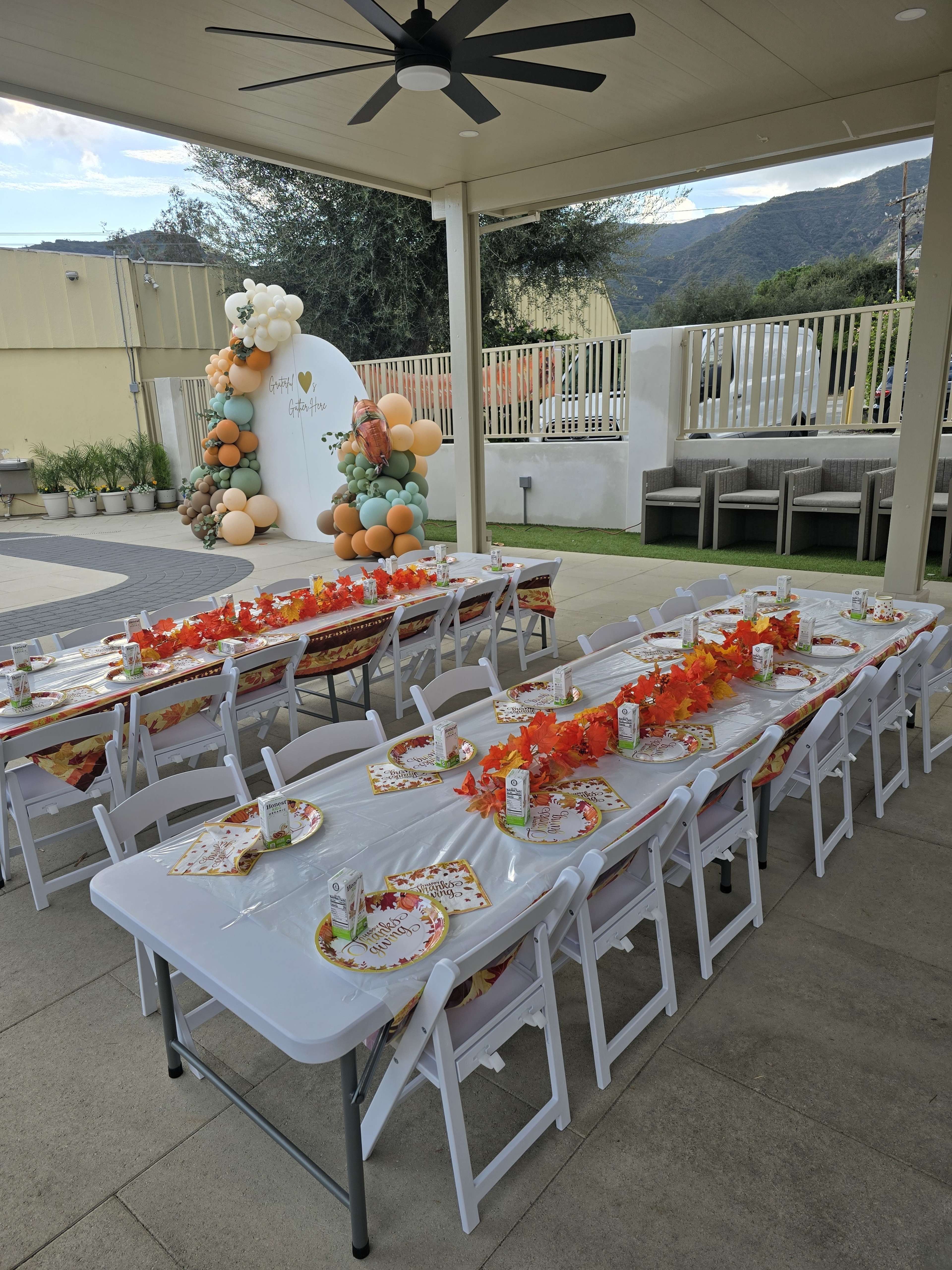 A long, decorated table set for an outdoor gathering features colorful centerpieces and balloons, with a backdrop of mountains in the distance.