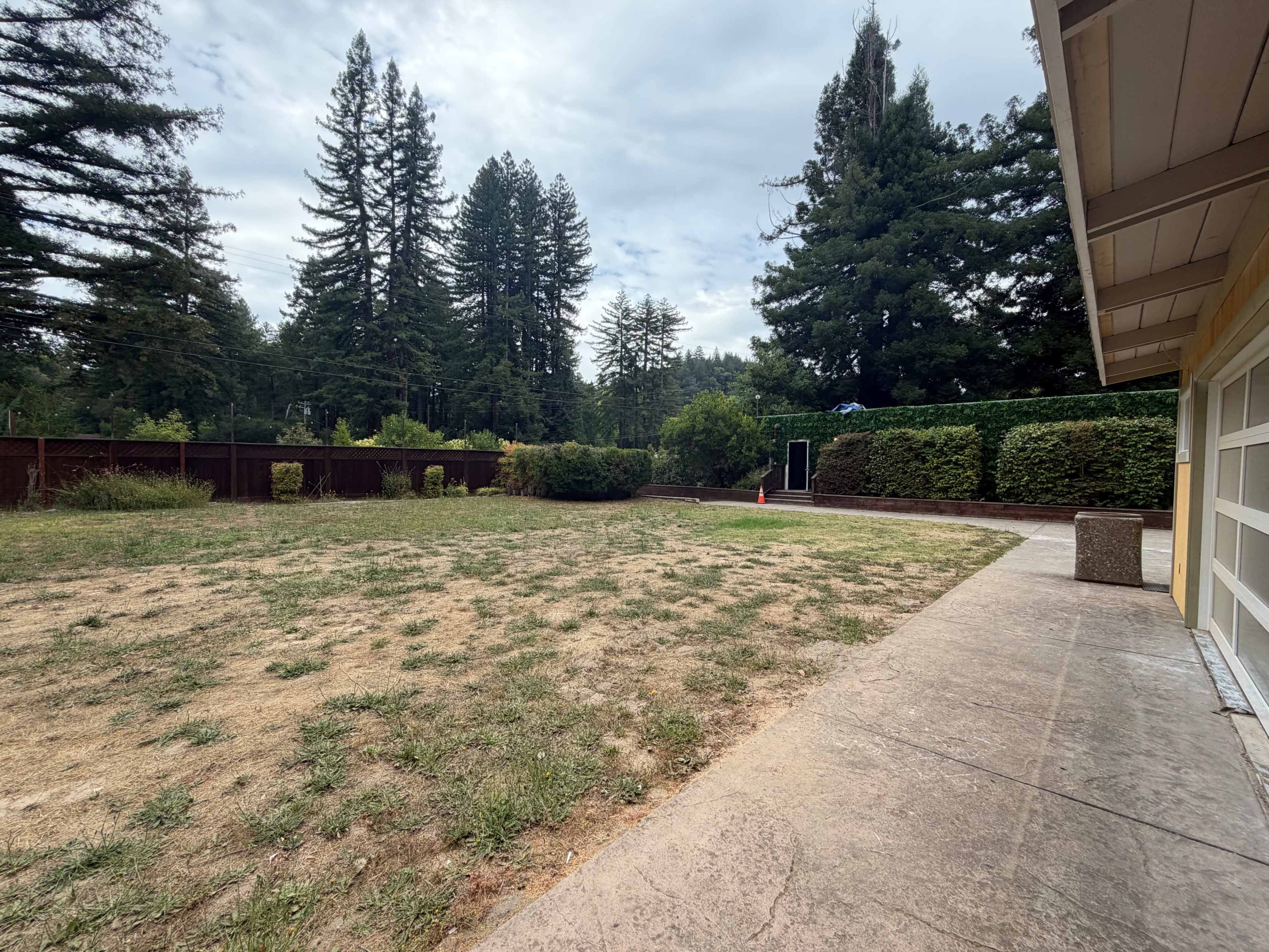The image shows a large, grassy area adjacent to a house, surrounded by tall trees and hedges under a cloudy sky.