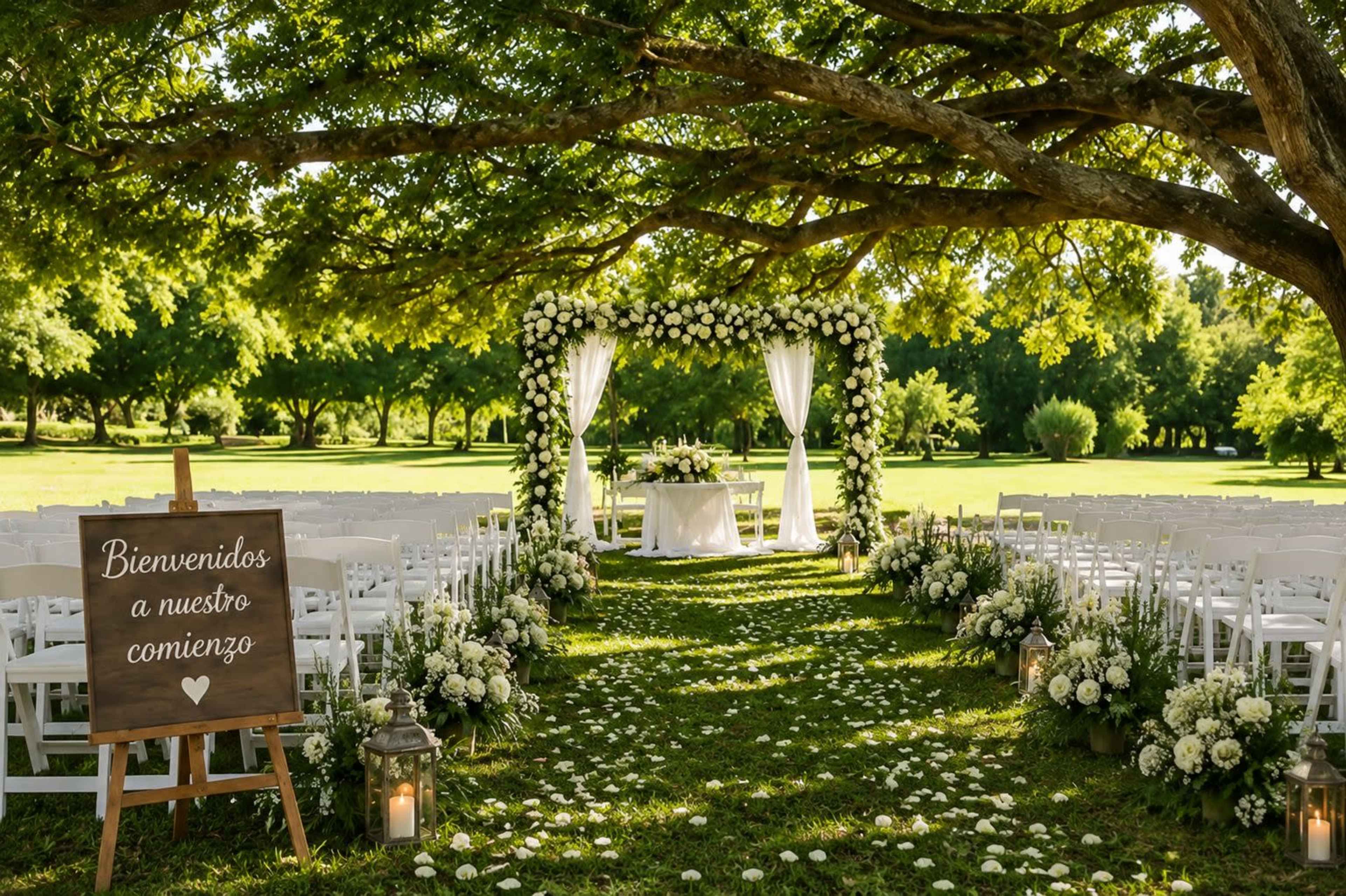 A wedding ceremony setup features white chairs arranged in rows beneath a large tree, with an arch adorned with flowers and a sign welcoming guests.