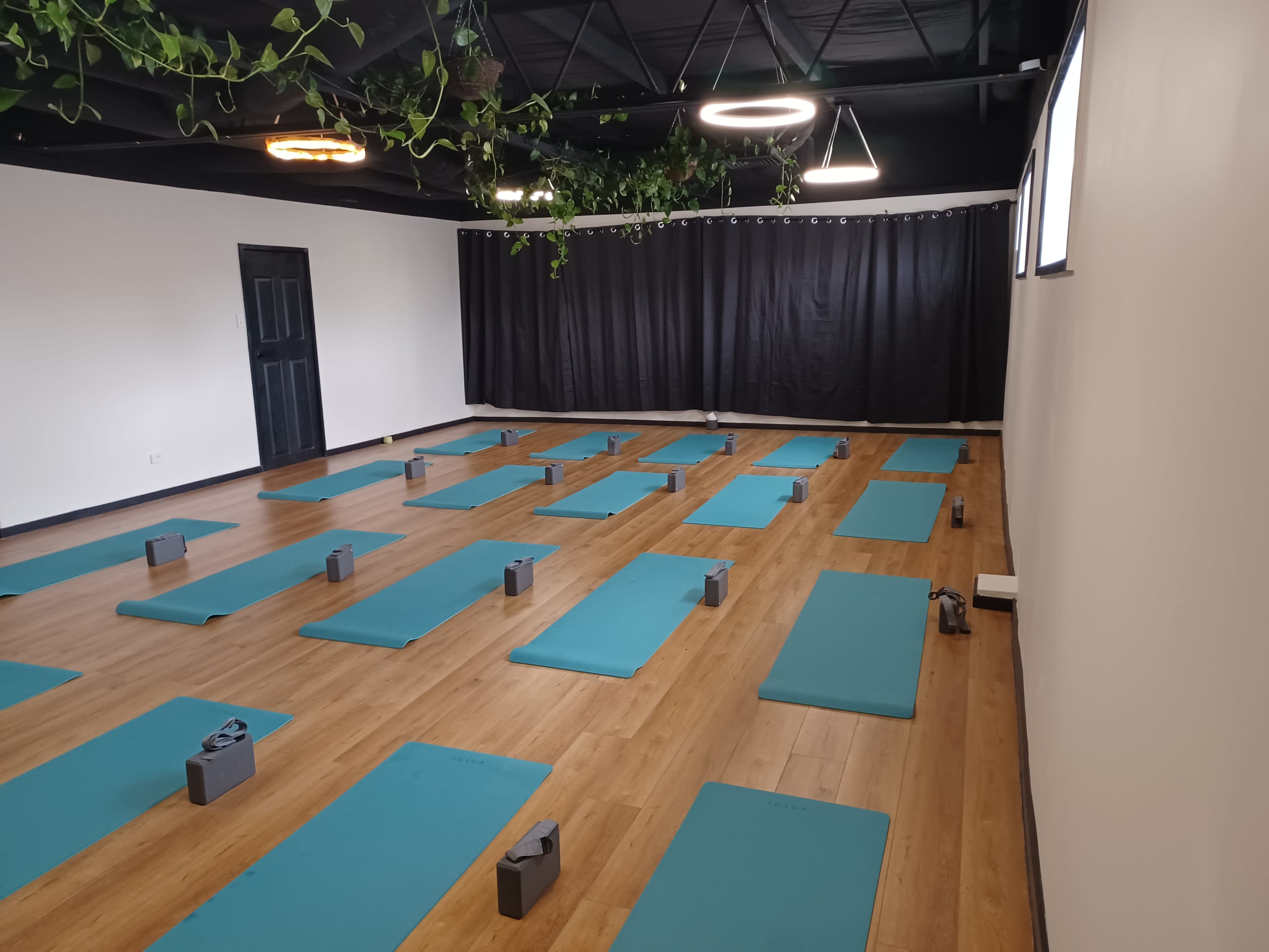 A yoga studio with turquoise mats arranged in rows, surrounded by dark curtains and overhead greenery.