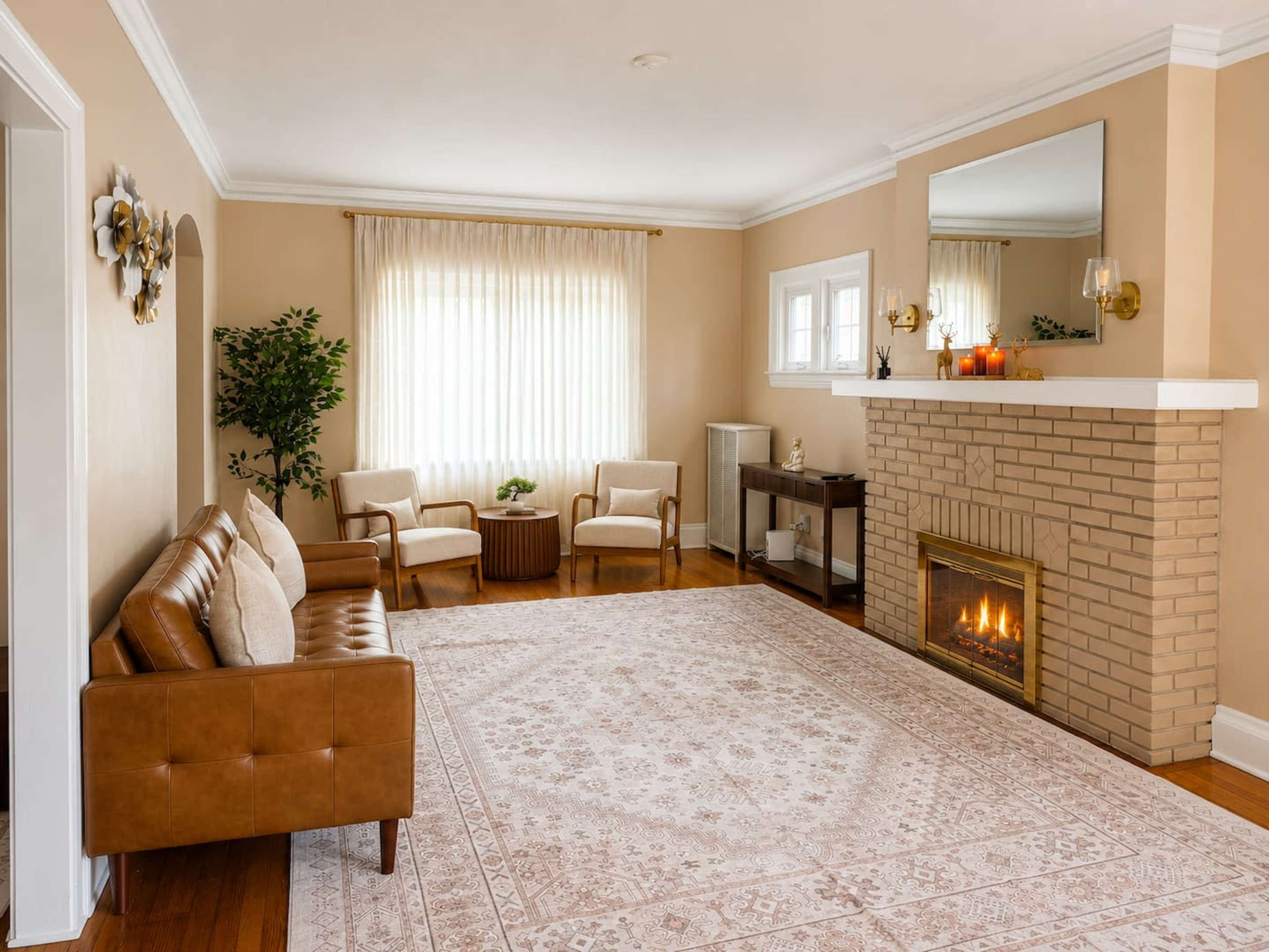 The living room features a brown leather sofa, two light-colored armchairs, a coffee table, a brick fireplace with a fire burning, and a large window with sheer curtains.