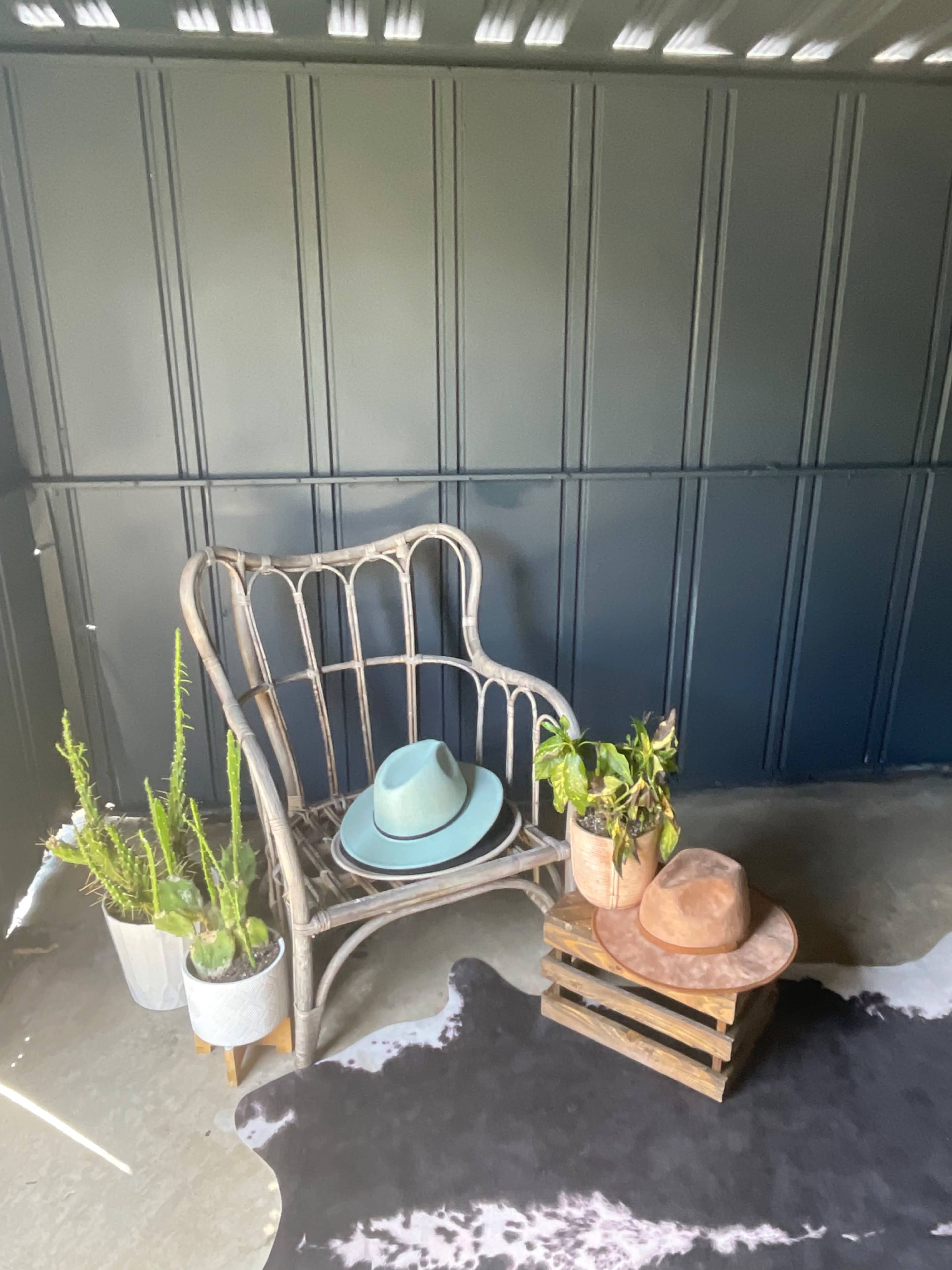 A vintage chair sits against a dark wall, accompanied by hats, plants in pots, and a small wooden crate on a patterned rug.