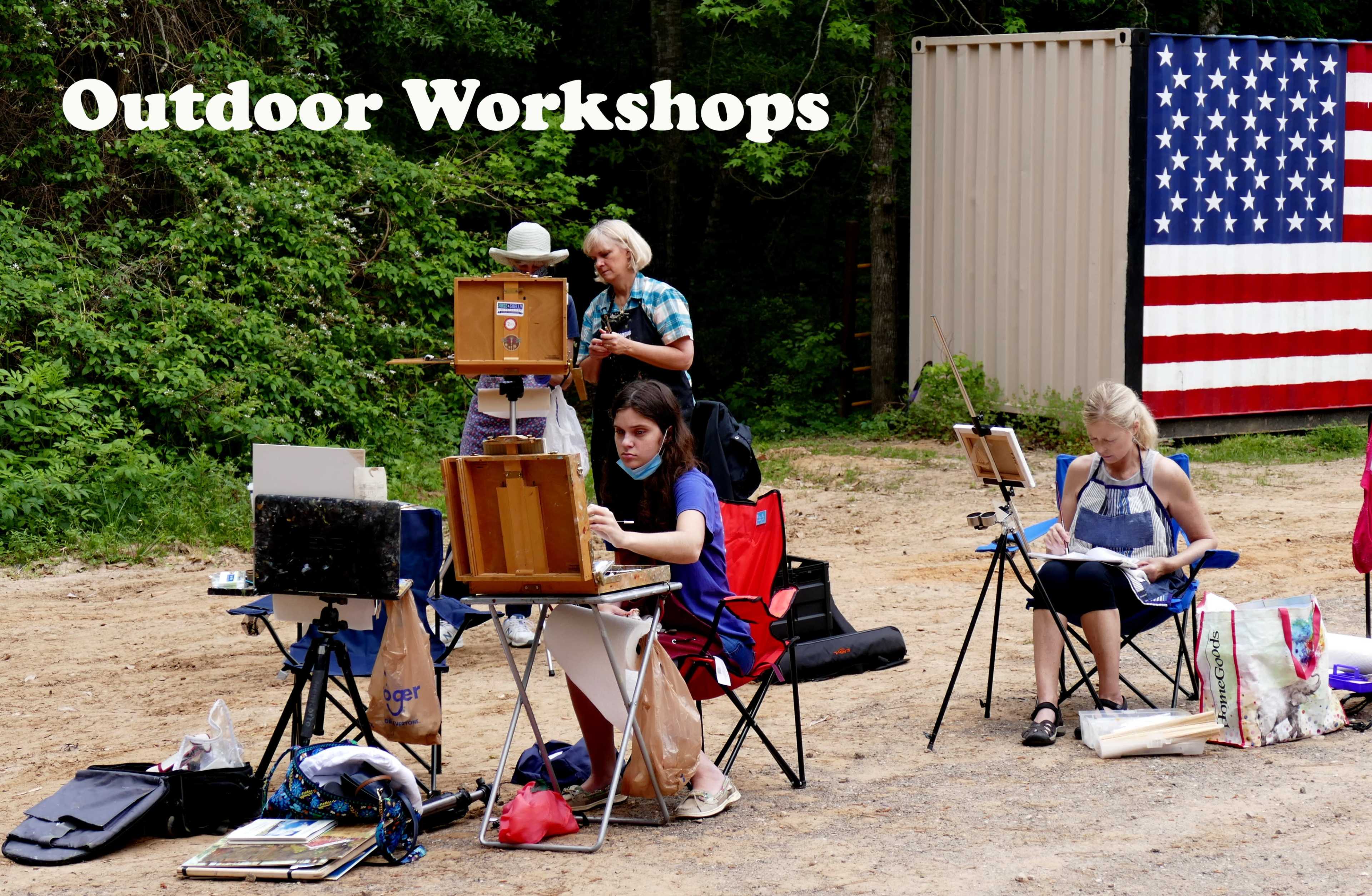 The image shows a group of artists participating in outdoor workshops, with two women painting on easels and another woman observing, in front of a shipping container displaying an American flag.