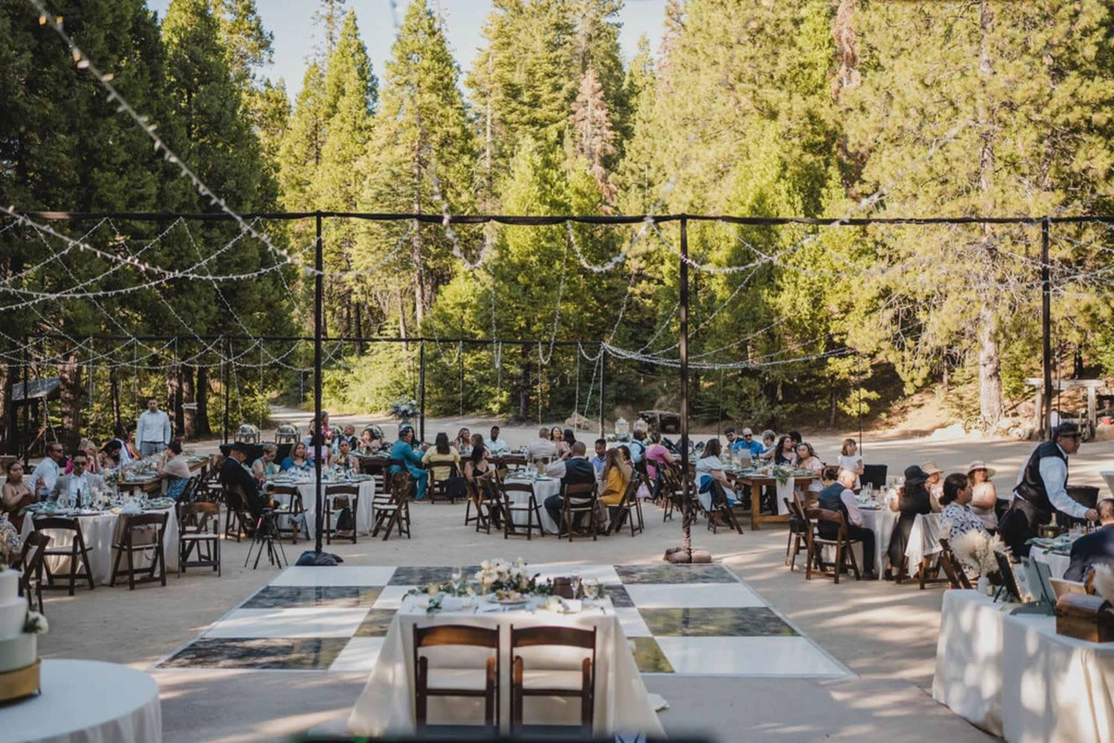 A large outdoor gathering takes place in a forested area, with tables set up for guests and string lights decorating the space.