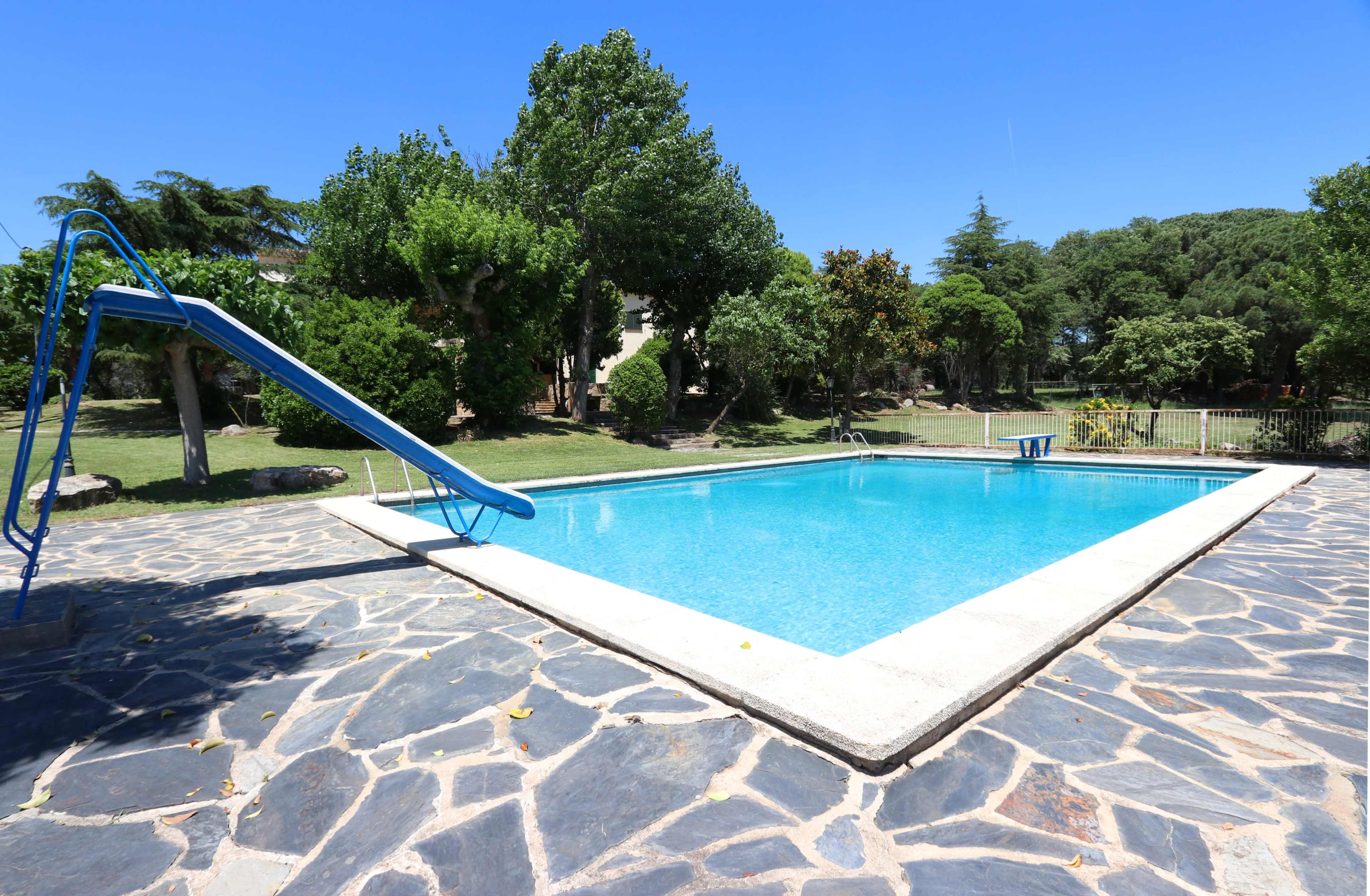A rectangular swimming pool surrounded by a paved patio and lush greenery.