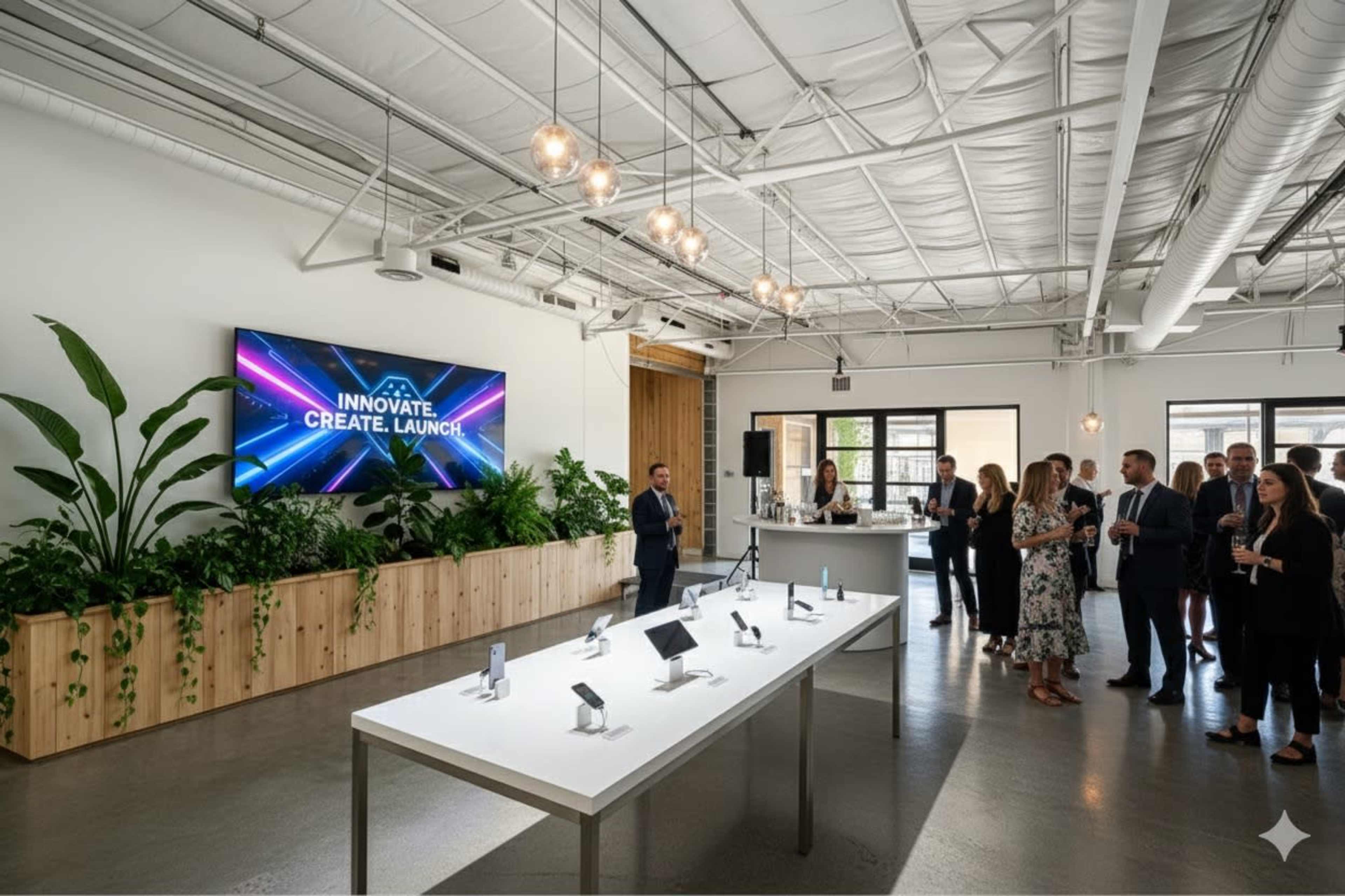 A group of professionals gathers in a modern event space featuring a large screen displaying "INNOVATE, CREATE, LAUNCH" and a sleek display table with various products.