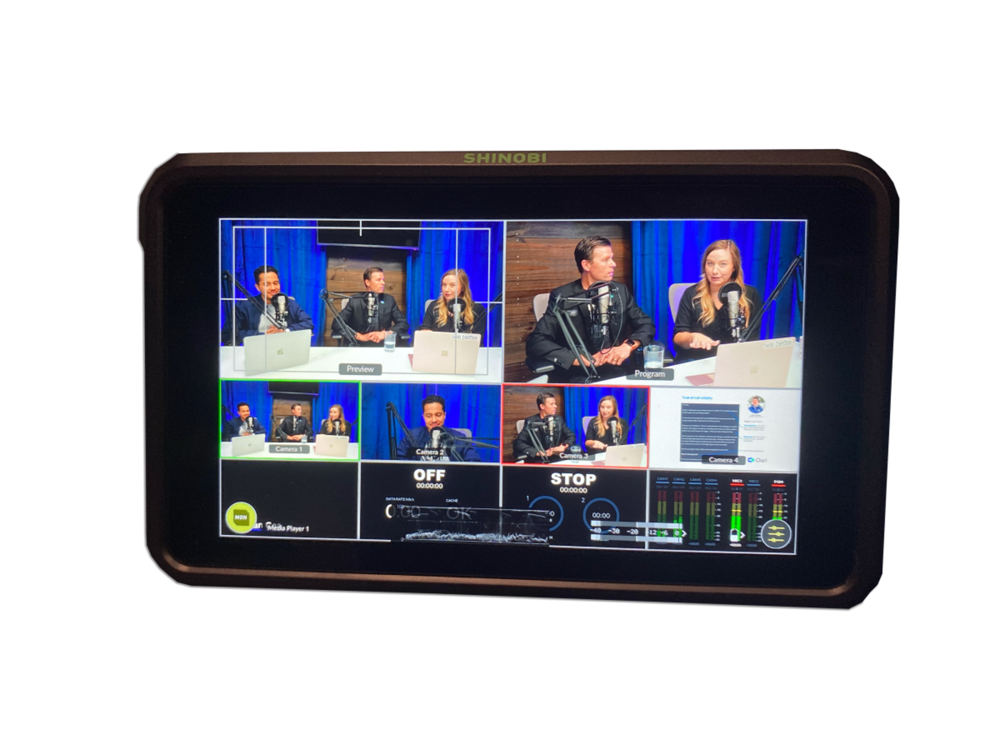 The image shows a multi-camera live stream setup on a monitor displaying six different video feeds of people engaging in a discussion.