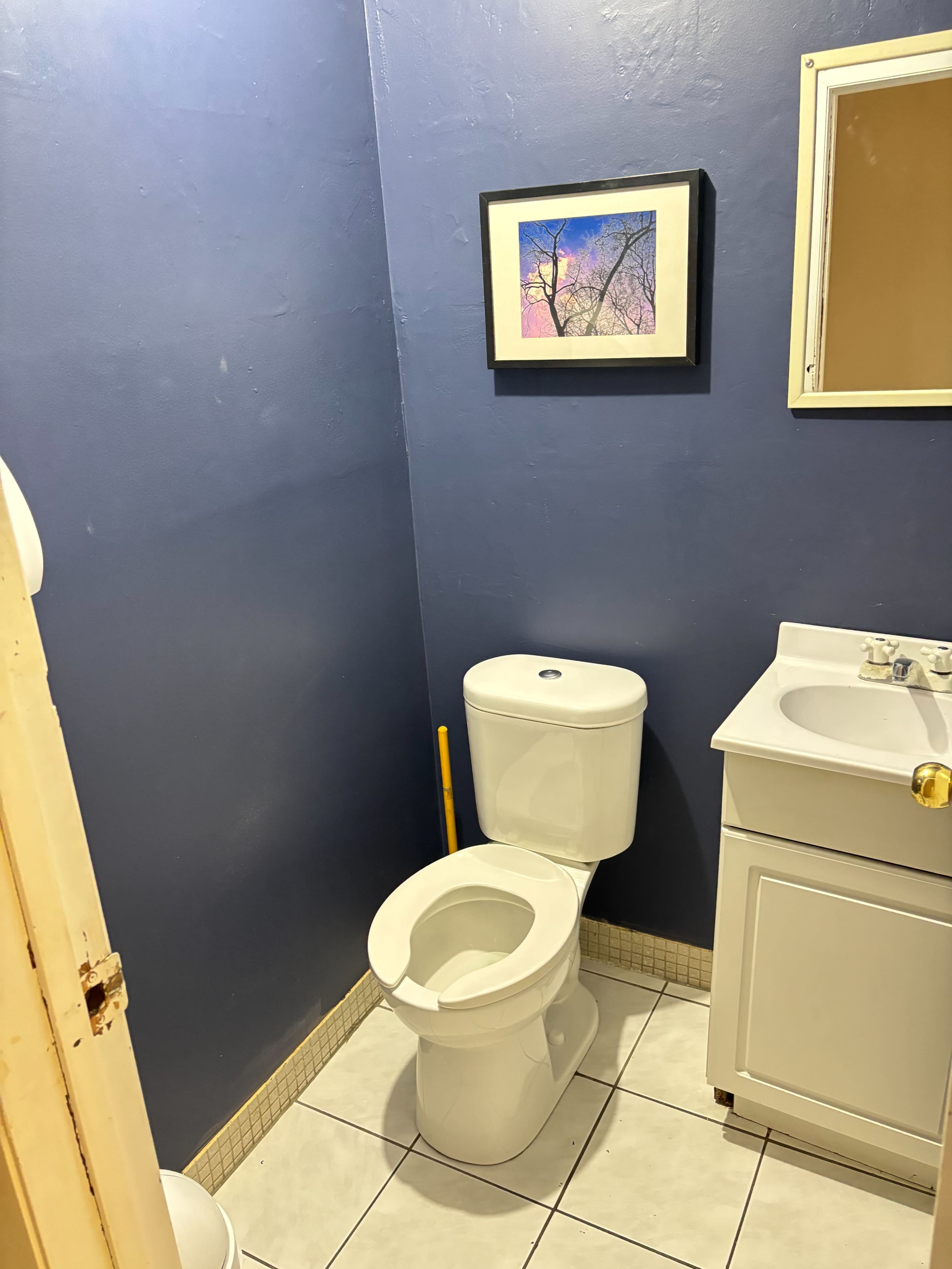 The image shows a small bathroom with blue walls, a white toilet, a sink with a cabinet, and two framed pictures on the wall.