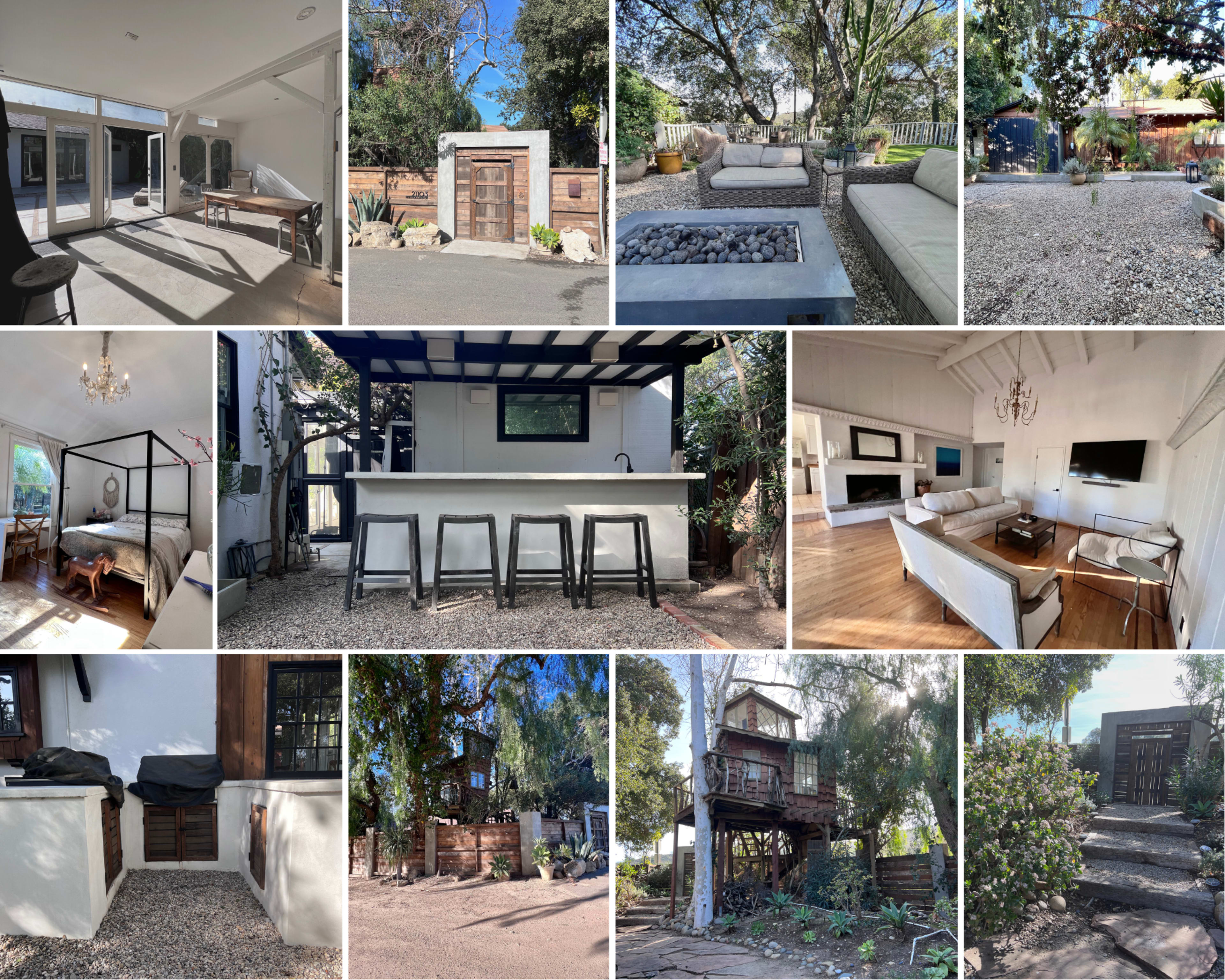 A collage of various outdoor and indoor living spaces, including a modern kitchen, a treehouse, a cozy lounge area, and a minimalist bedroom.