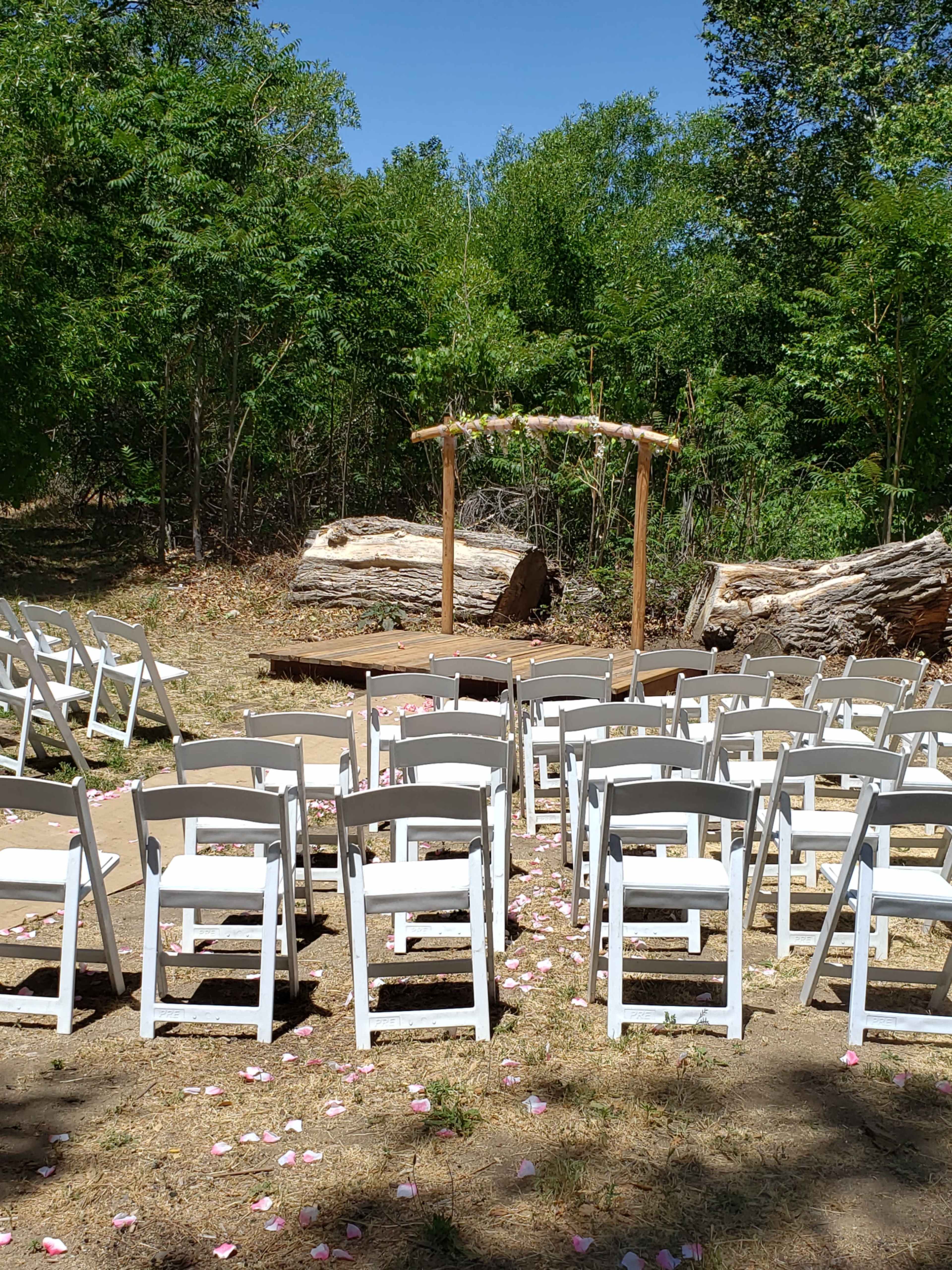 A clearing in the woods features wooden logs as a backdrop, with white chairs arranged in rows and scattered flower petals on the ground.