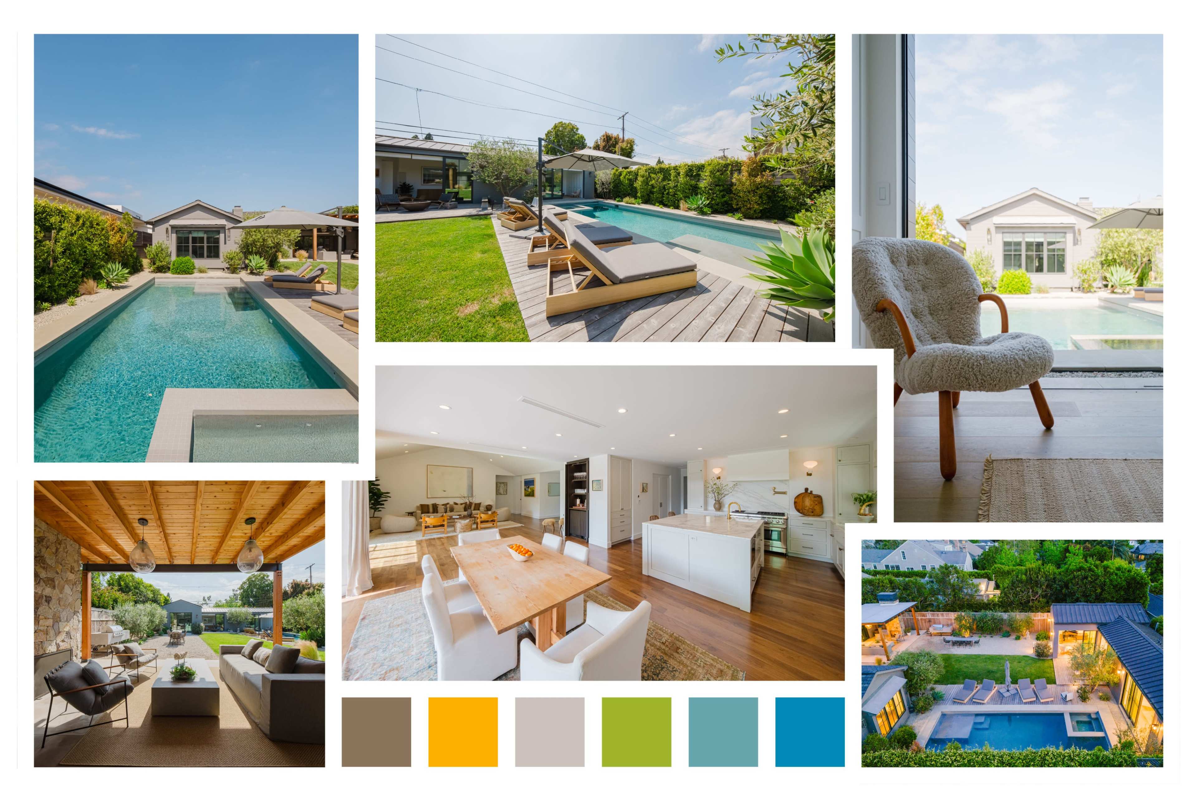 The image showcases a modern home with a swimming pool, outdoor lounge areas, and various interior spaces including a dining area and kitchen.