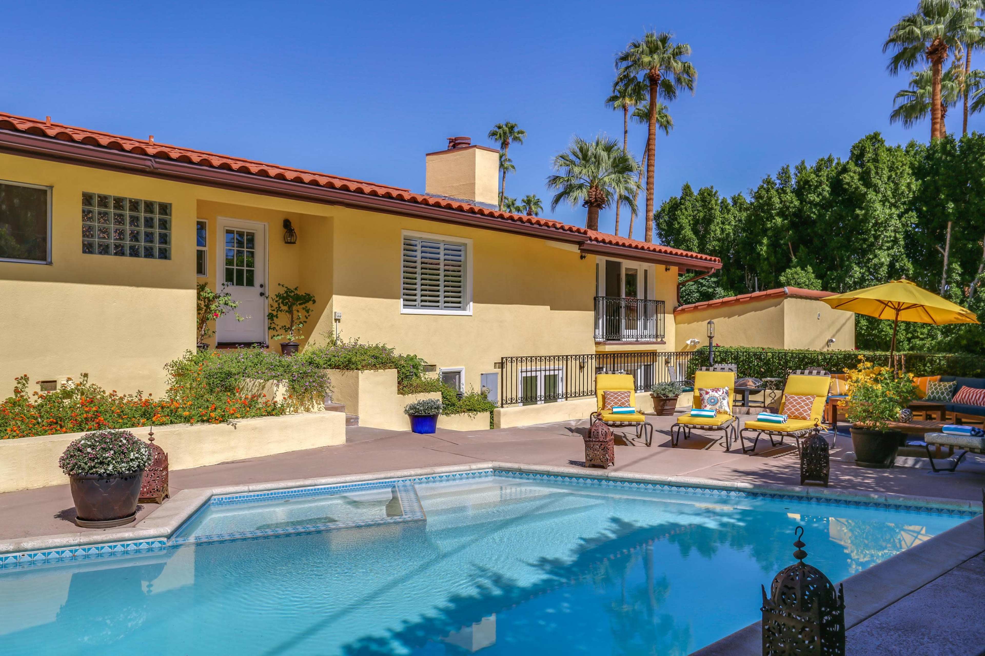 A residential backyard with a swimming pool, lounge chairs, and palm trees lining the area.