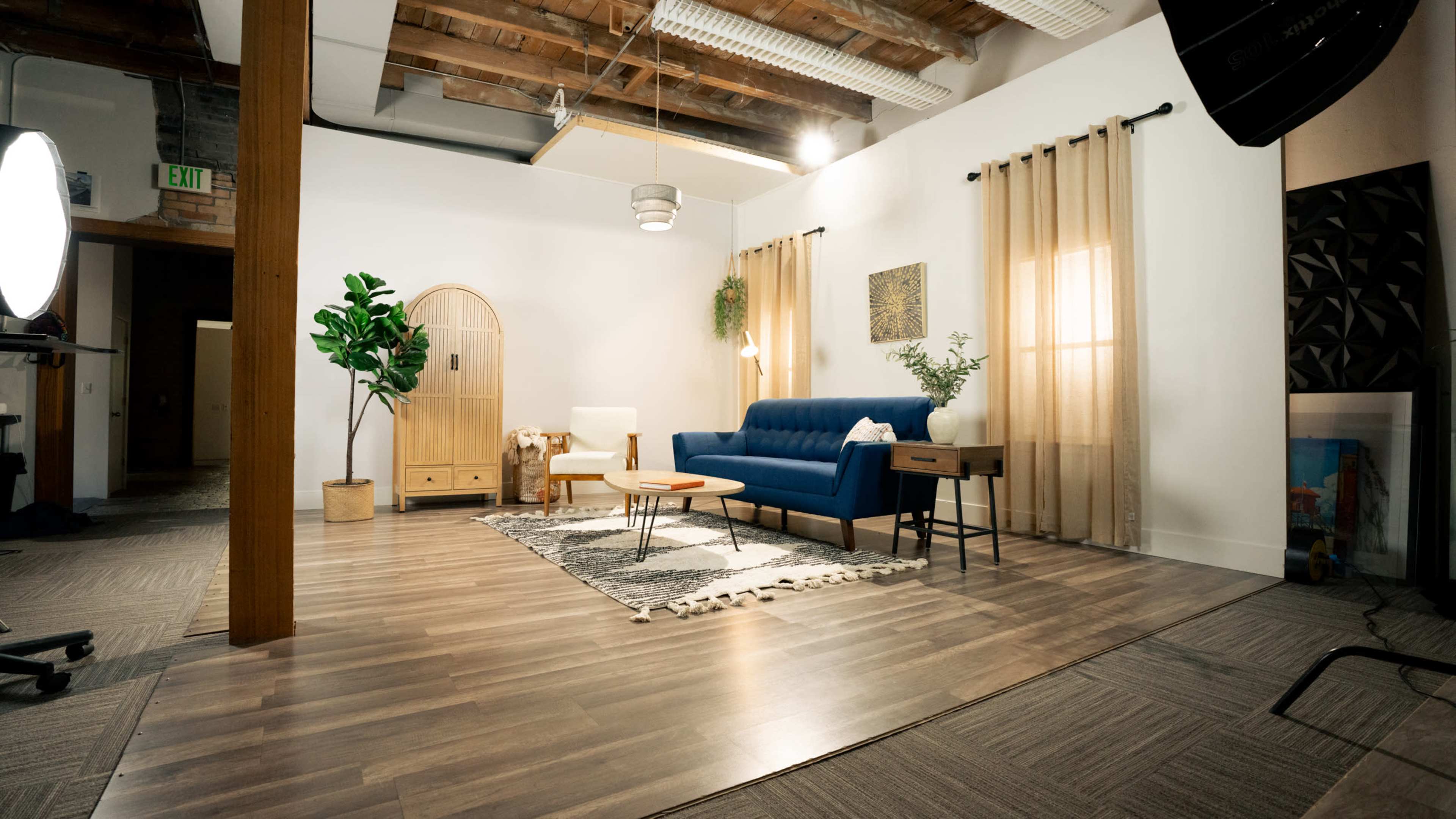 The image depicts a modern, well-lit living room with a blue sofa, wooden furniture, and decorative plants arranged around a patterned rug.