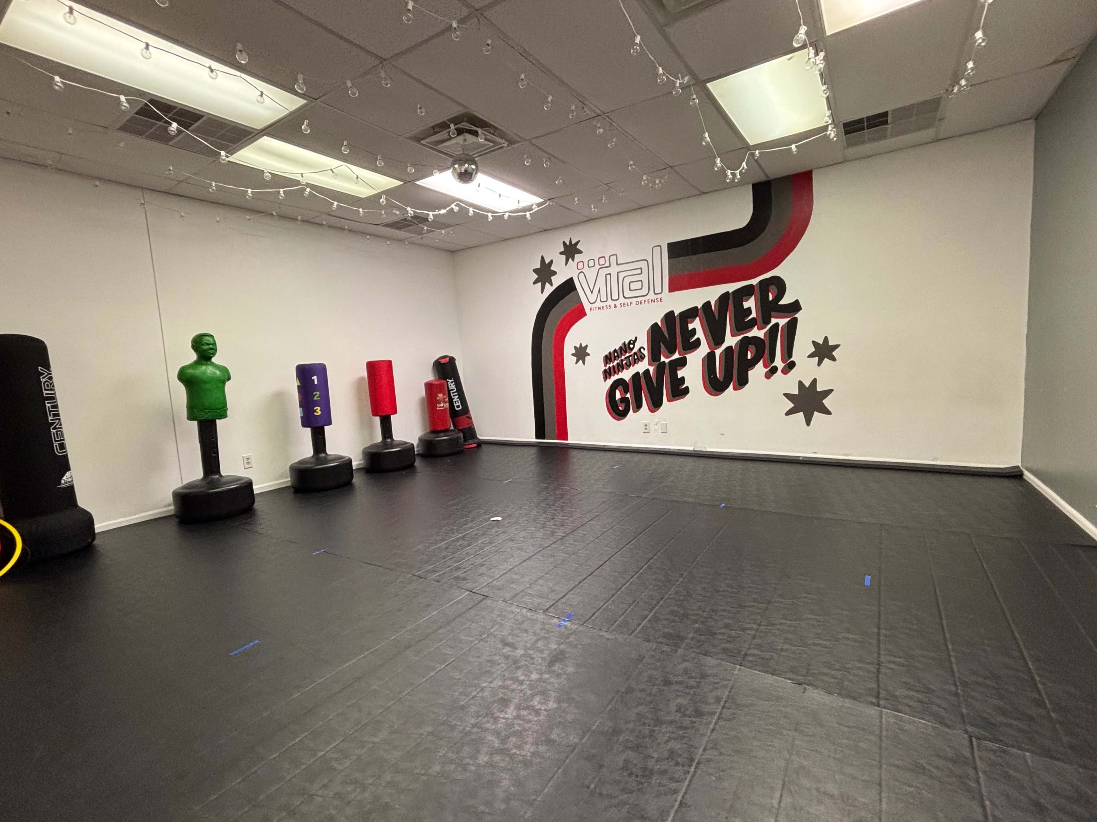 The image shows a martial arts training room with several punching bags and a motivational mural on the wall.