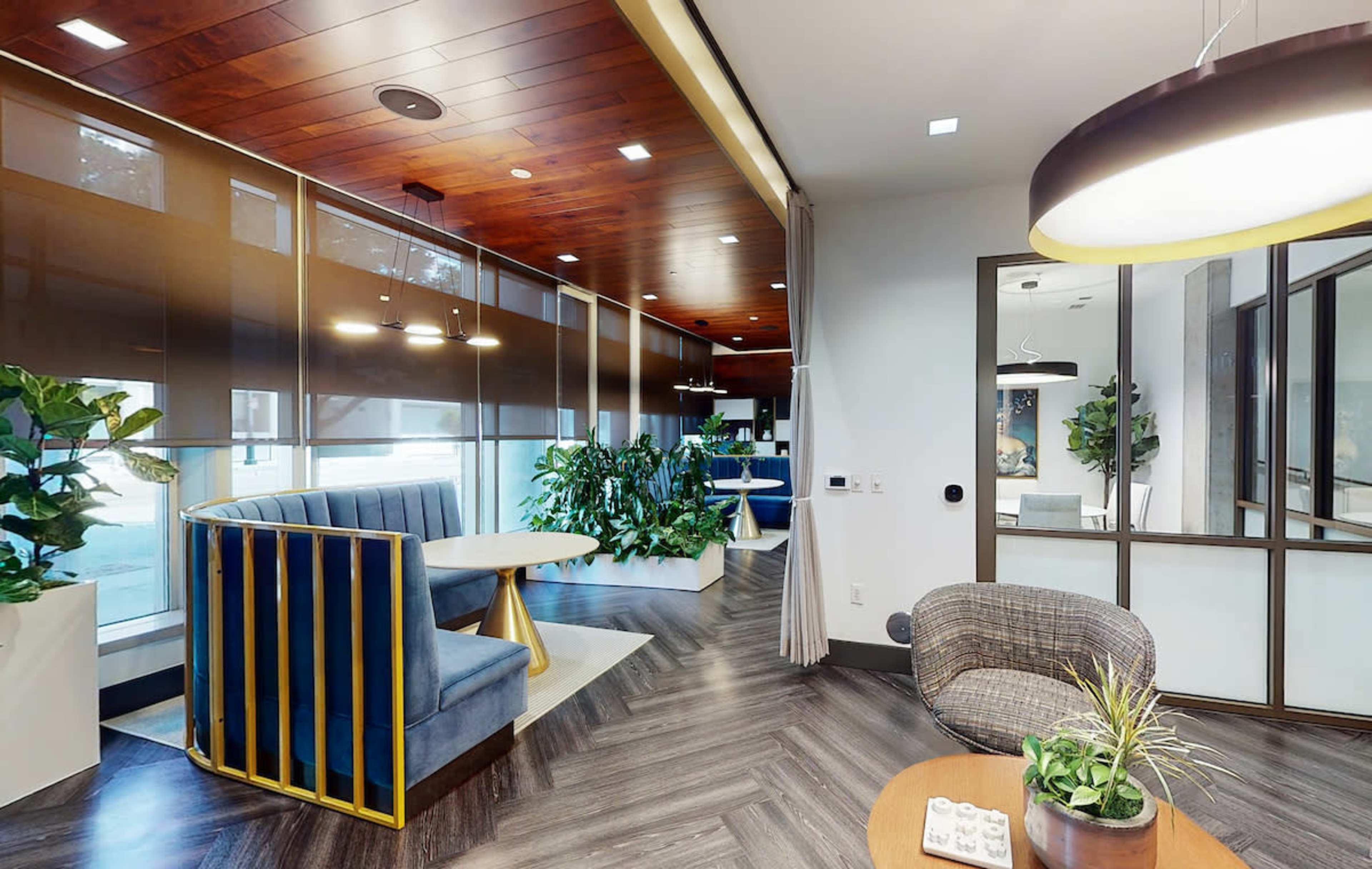The image shows a modern office space featuring blue seating areas, large windows with blinds, and greenery throughout the room.