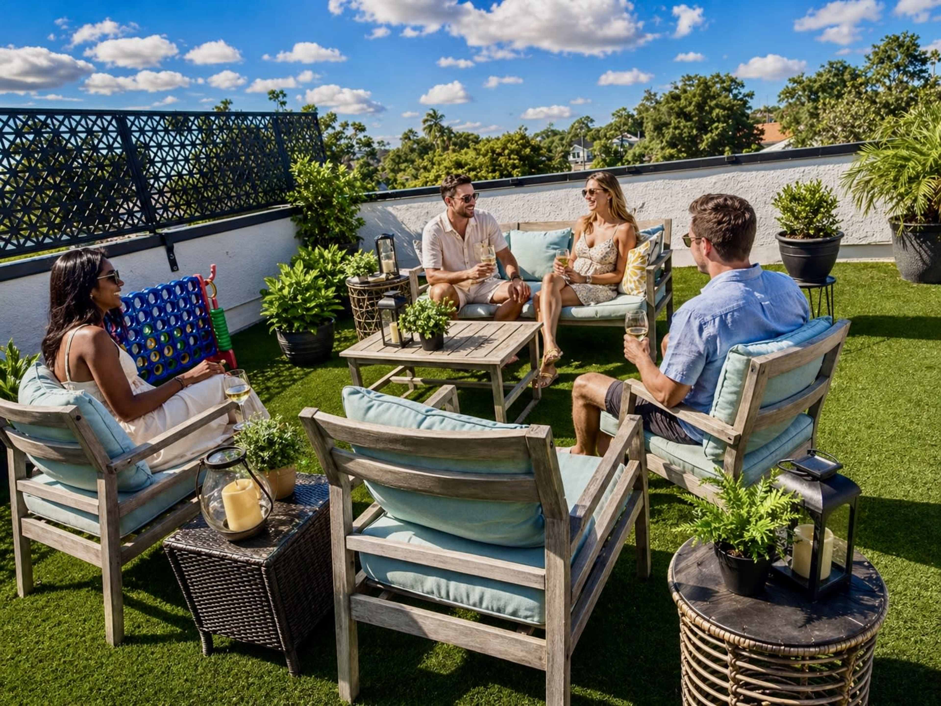 A group of four people sits on a rooftop patio, surrounded by greenery, enjoying a conversation on a sunny day.