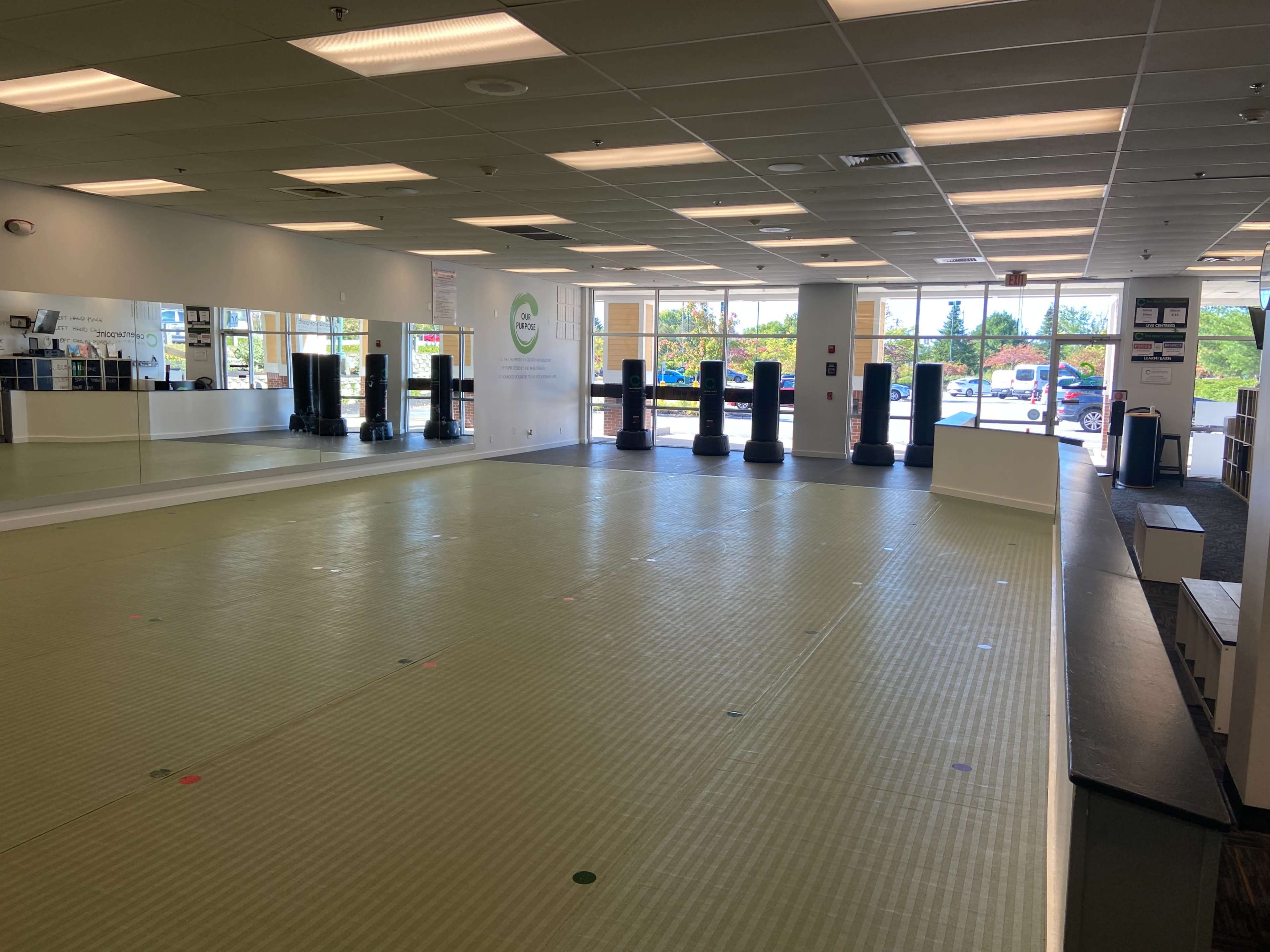 An empty training studio with a space covered in light-colored mats, mirrors on one wall, and training equipment placed along the opposite wall under bright overhead lights.