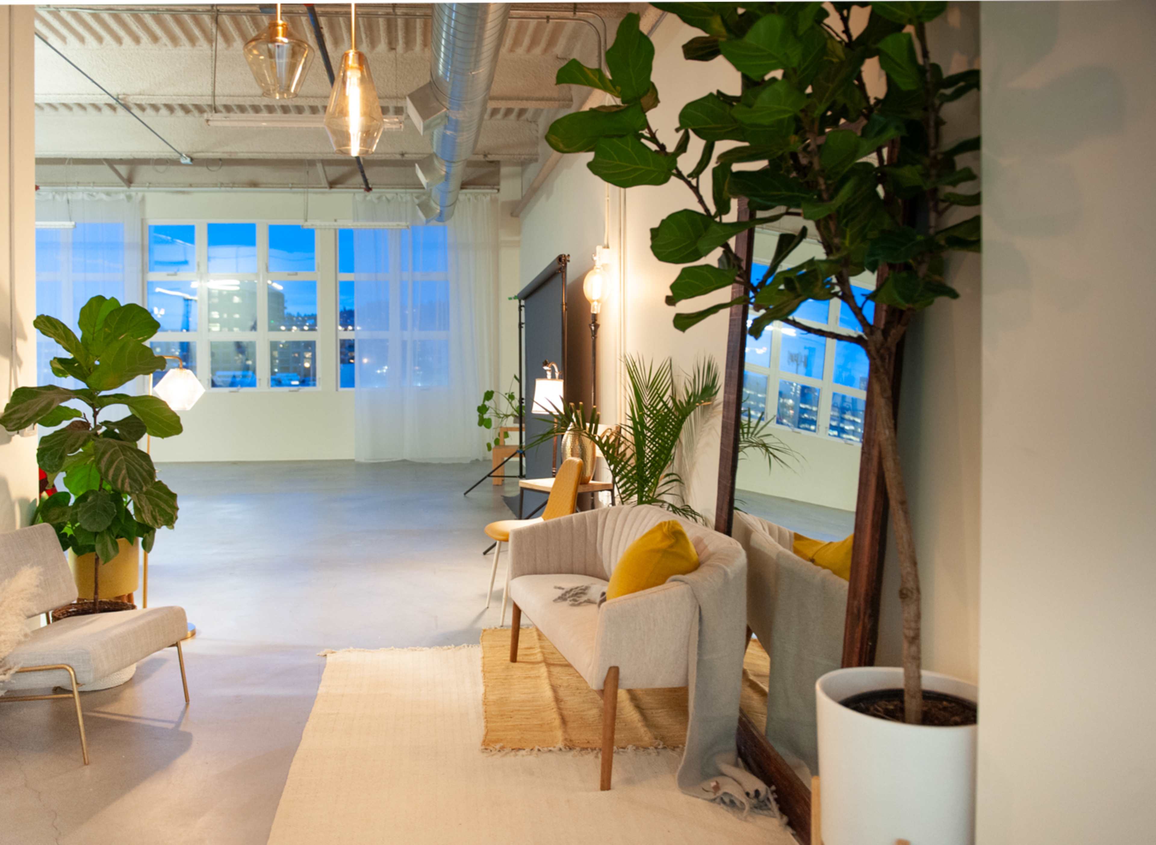 A modern interior space features a light-colored sofa, indoor plants, and large windows revealing a city view.