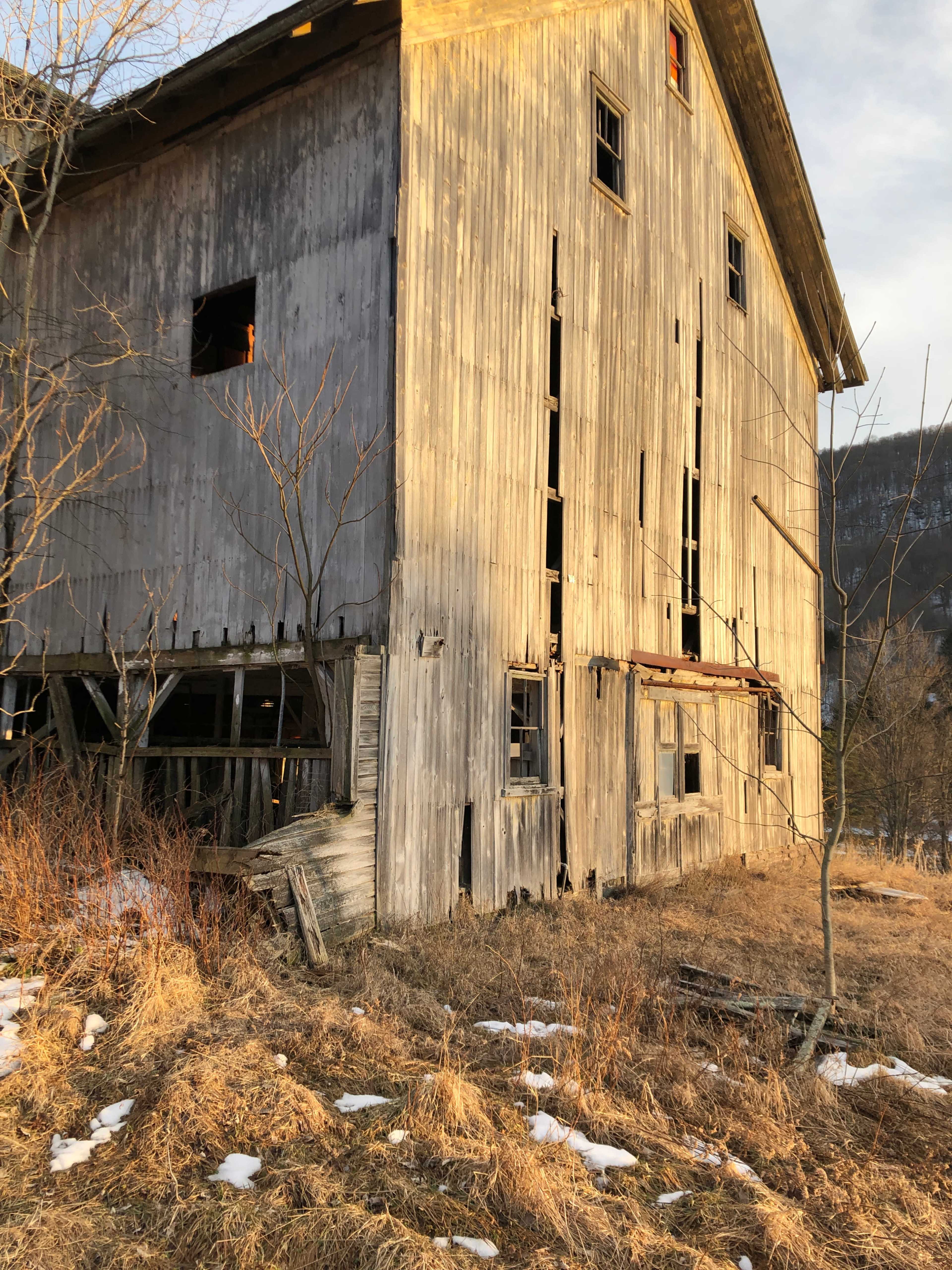 The image shows an aging wooden barn with a weathered exterior, partially covered by dry grass and remnants of snow, set against a backdrop of hills.