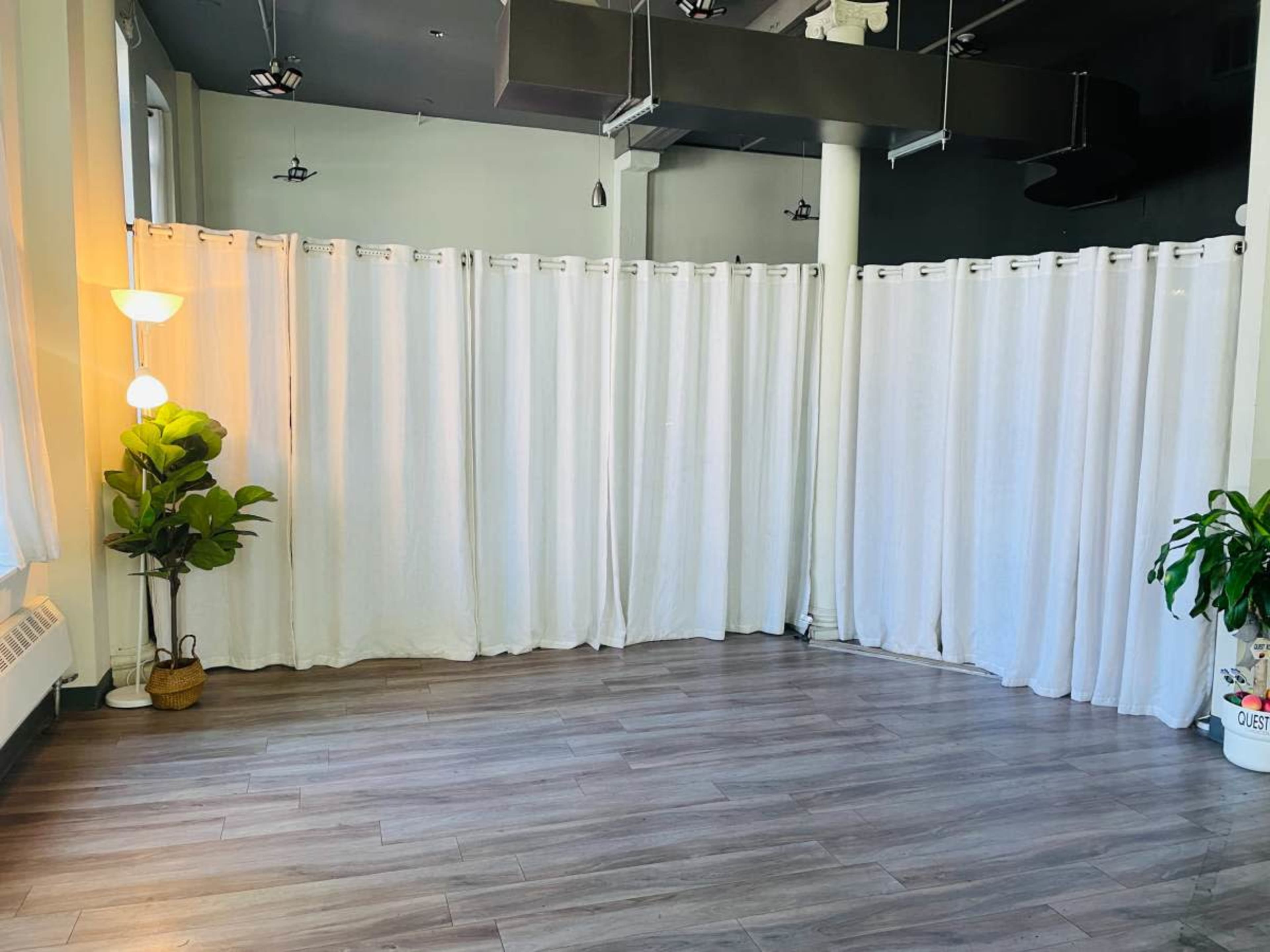 A spacious room with wooden floors, white curtains dividing the space, and a couple of potted plants in the corners.