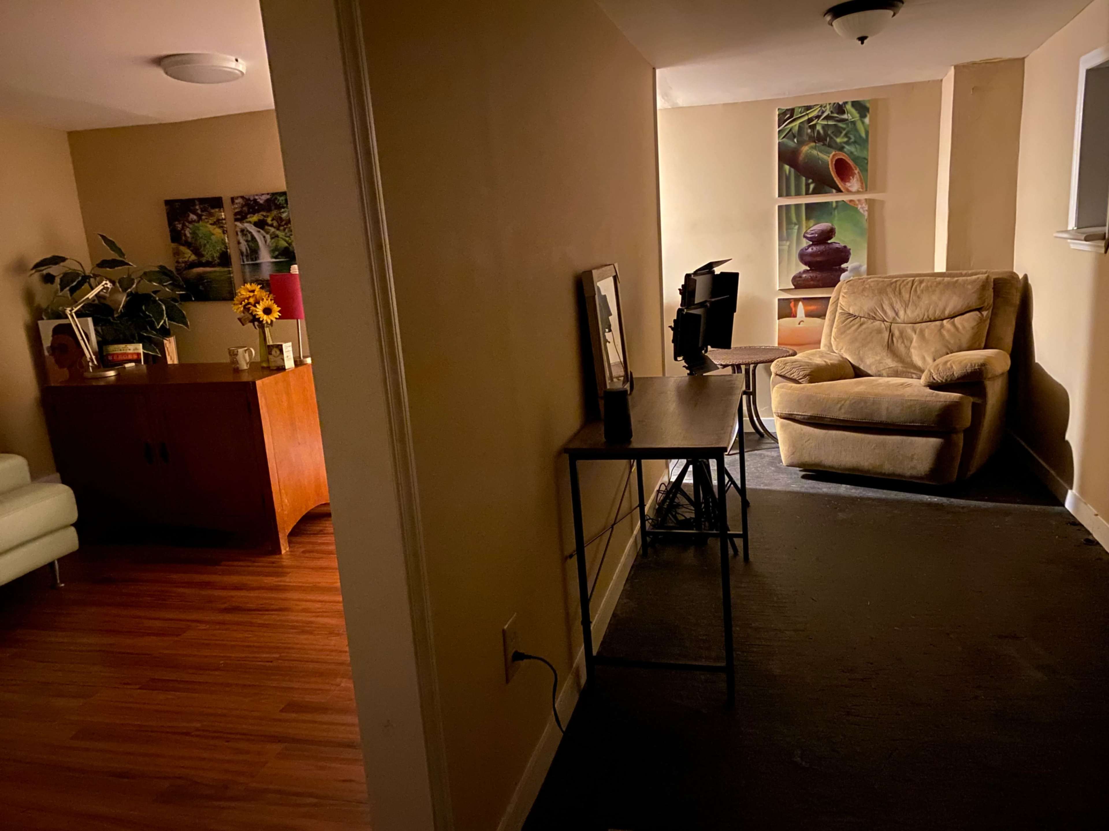 A softly lit hallway leading to a living space with a beige armchair, a wooden desk with monitors, and decorative plants.