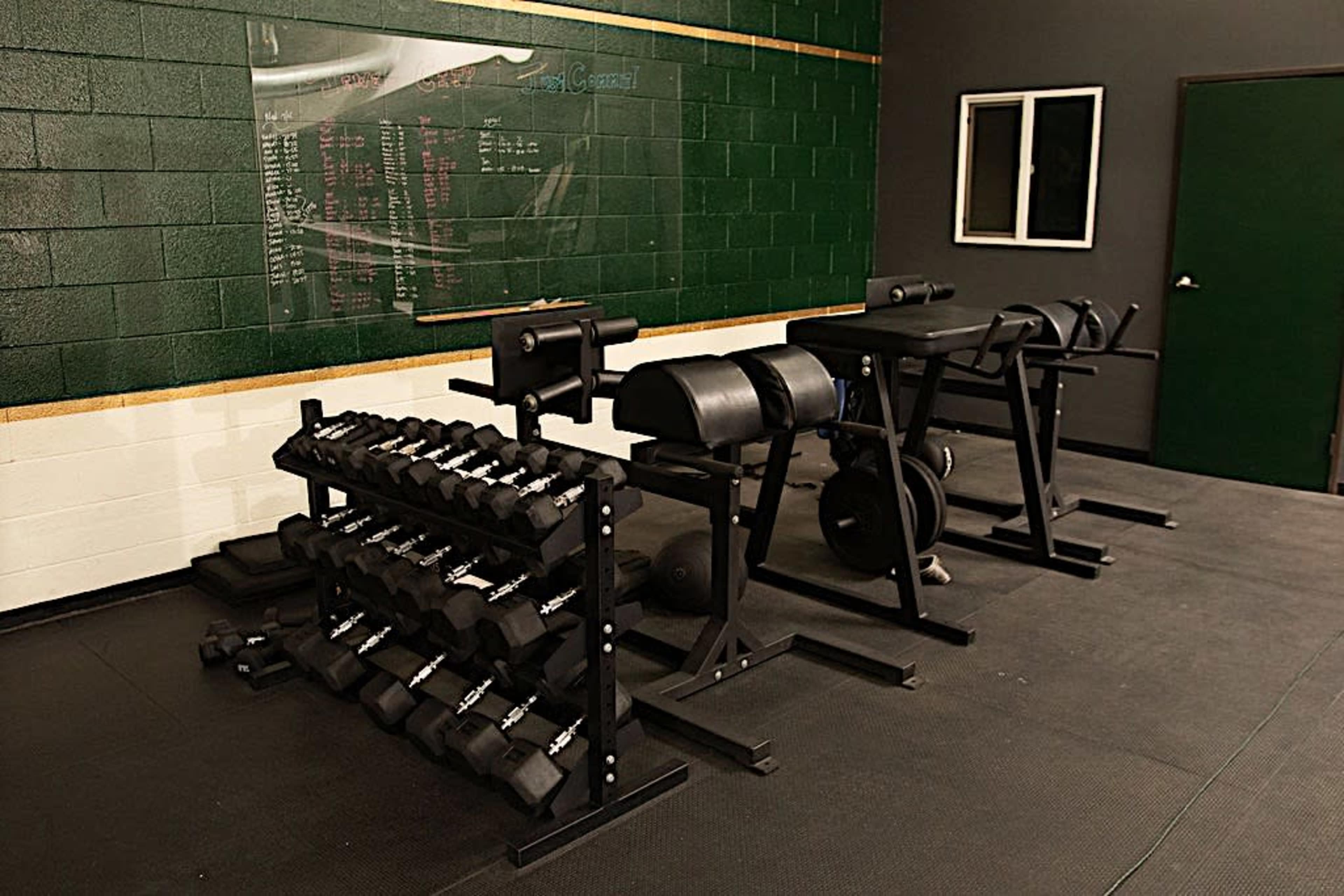 A gym area featuring a rack of dumbbells, a weight bench, and exercise equipment against a green and black wall.