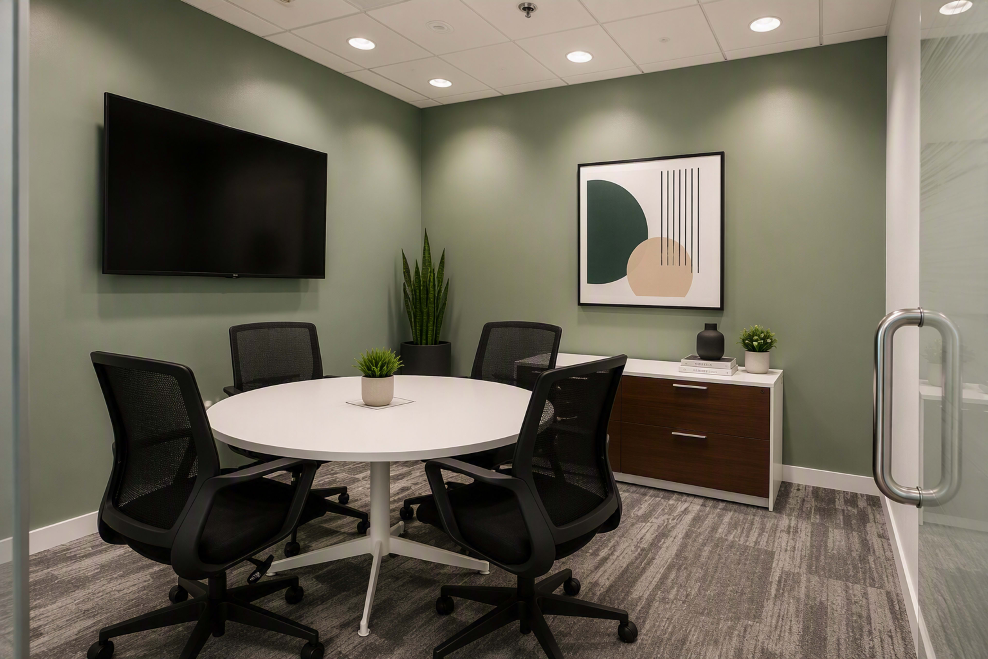 A modern meeting room features a round table with four black chairs, a large television mounted on the green wall, and a plant beside a side cabinet.