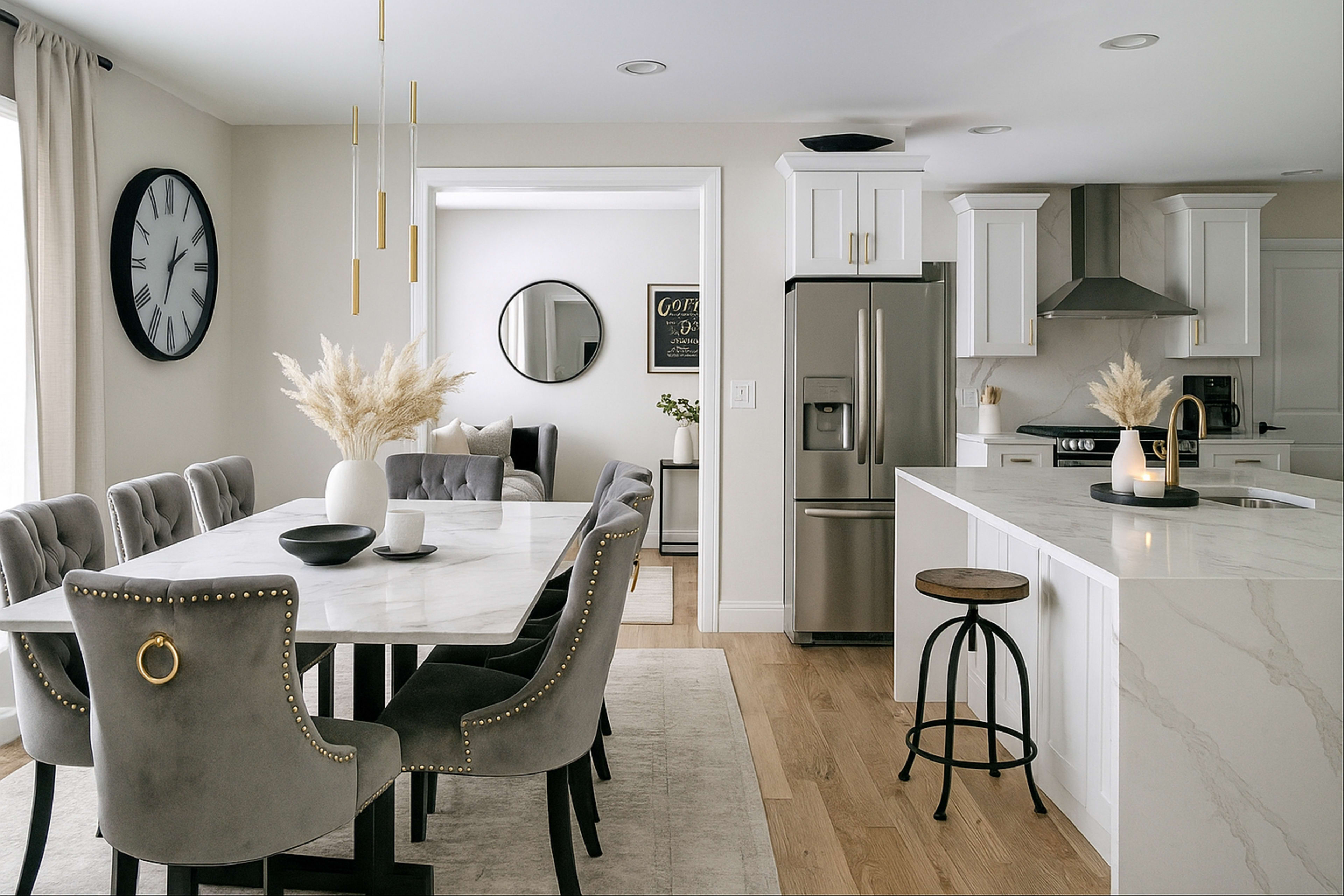 A modern kitchen and dining area feature a marble table with upholstered chairs, stainless steel appliances, and decorative elements like a vase of dried plants and a large clock on the wall.