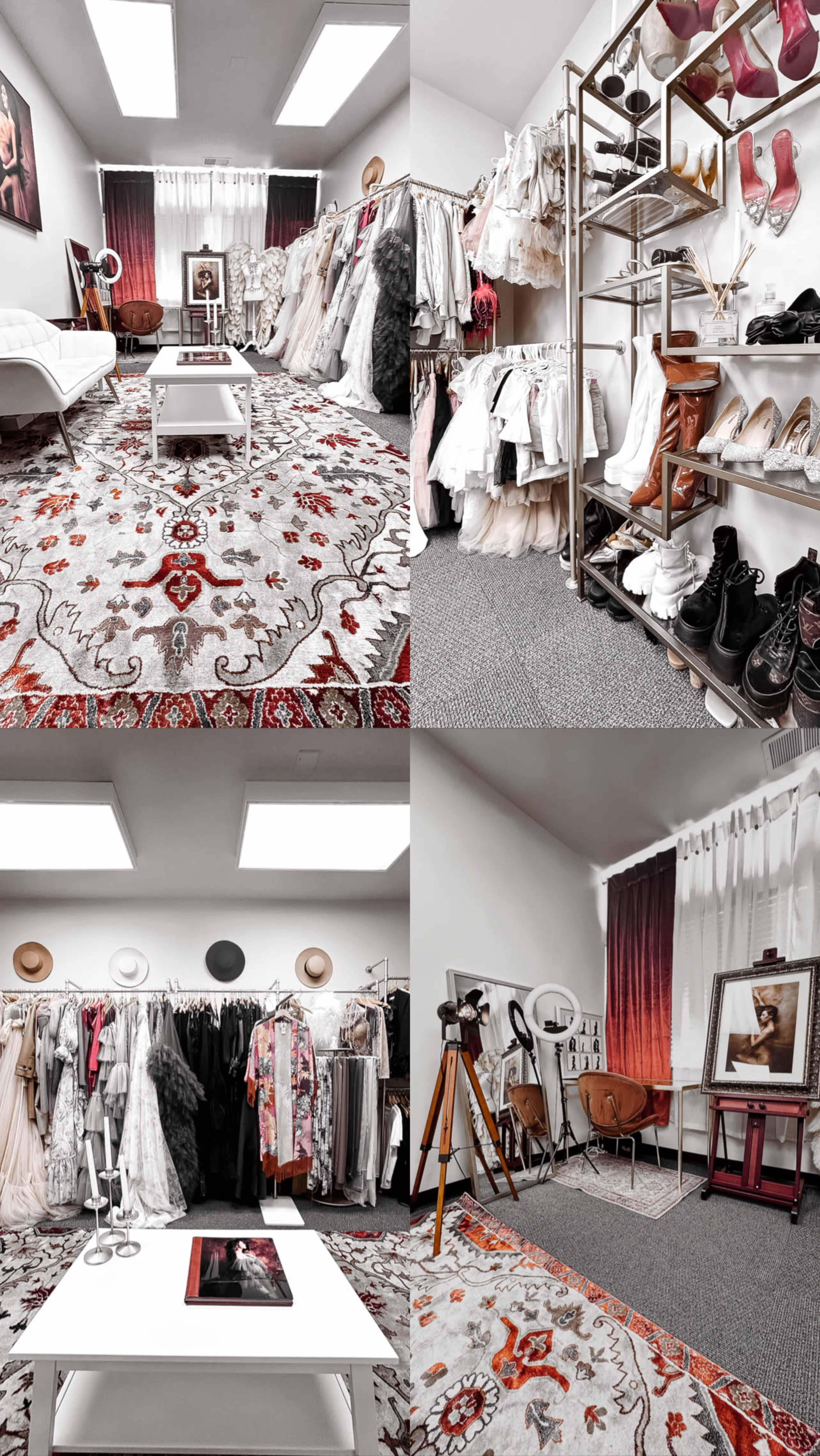 The image shows a fashion studio with a variety of clothing racks, a shoe shelf, a patterned rug, and a white table in a well-lit room.