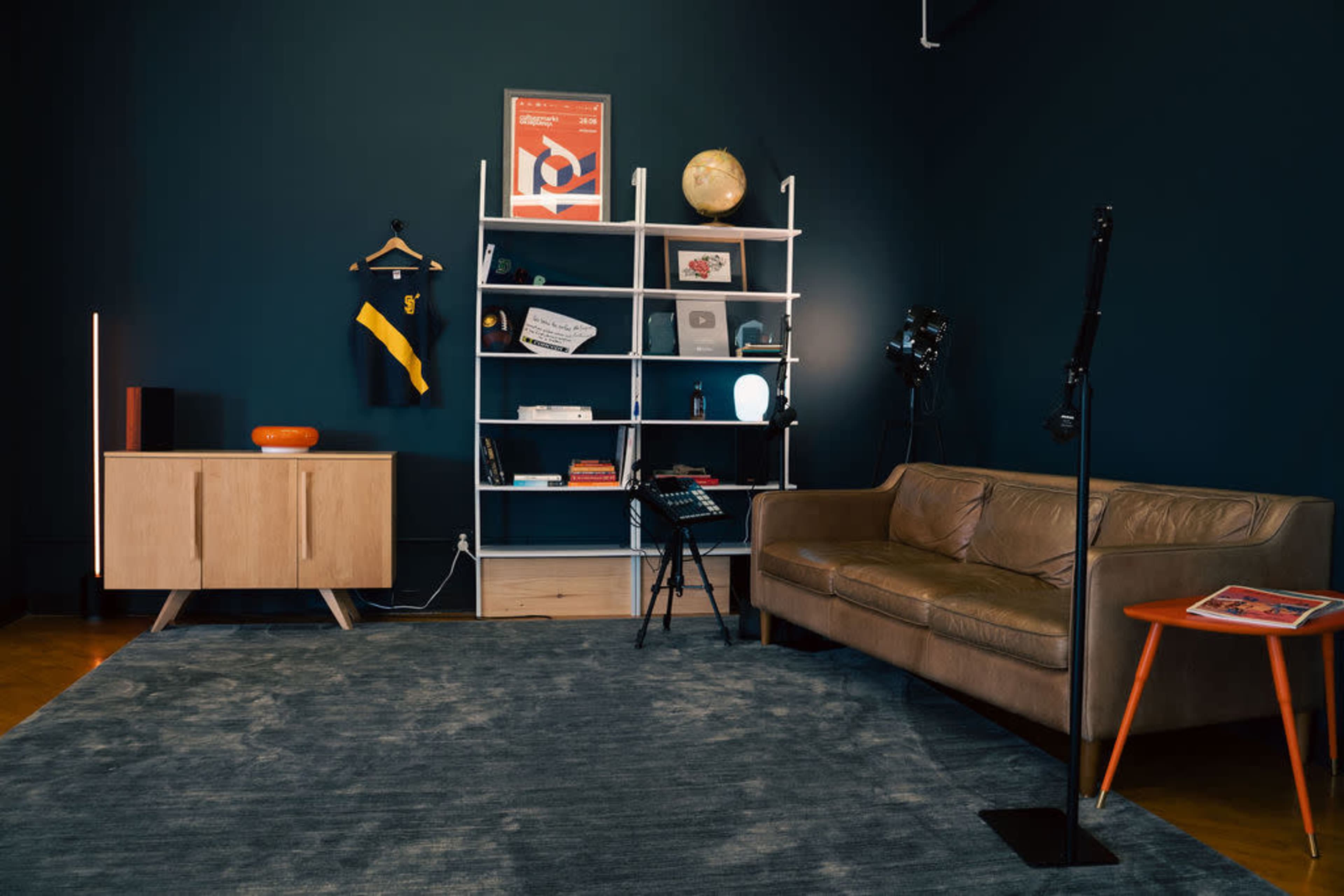 The image shows a contemporary living space featuring a brown leather couch, a shelving unit with various items, a wooden cabinet, and a gray area rug.