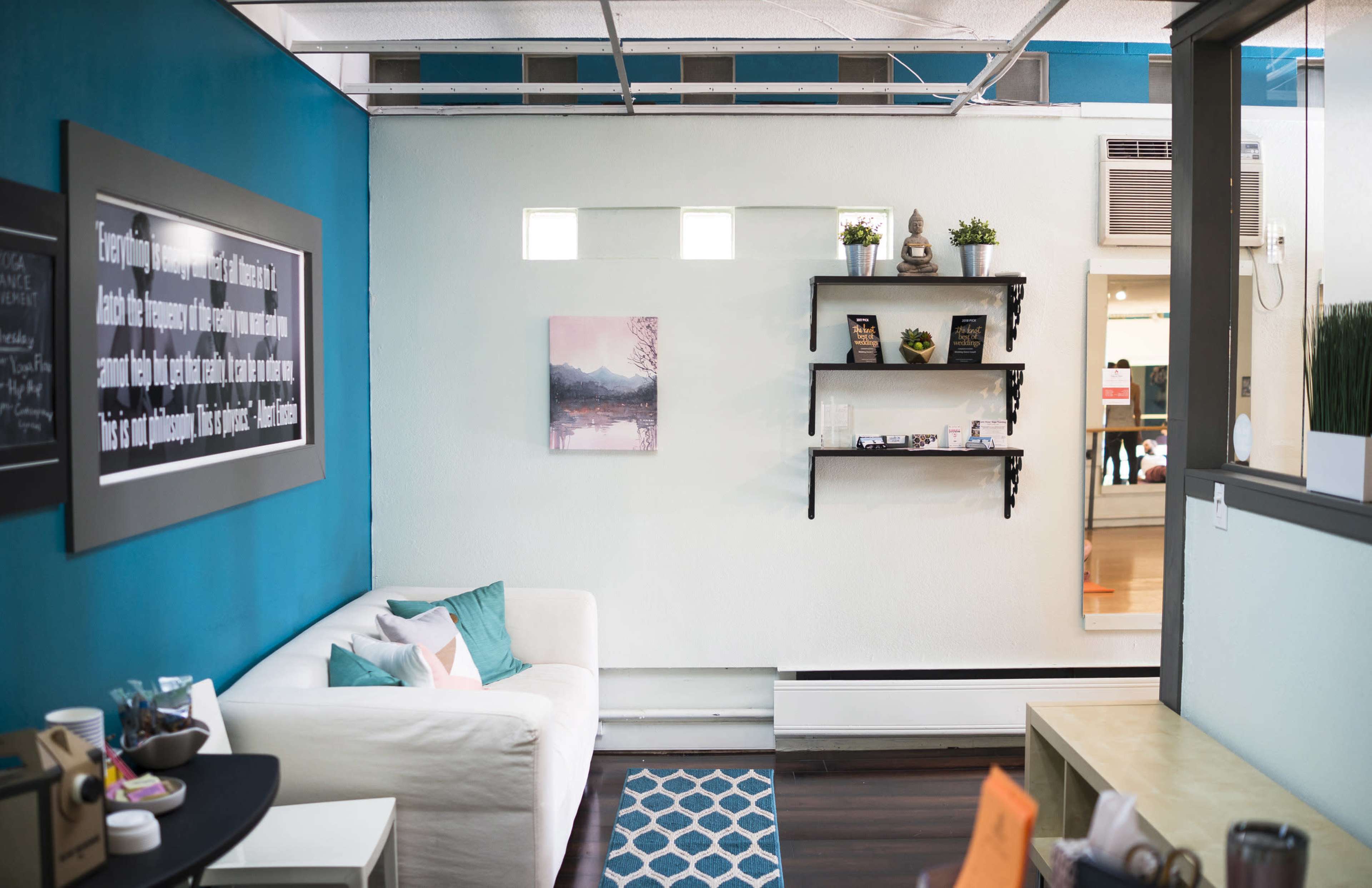 A modern, minimalist interior with a white sofa, a teal accent wall, and decorative shelves displaying plants and items.
