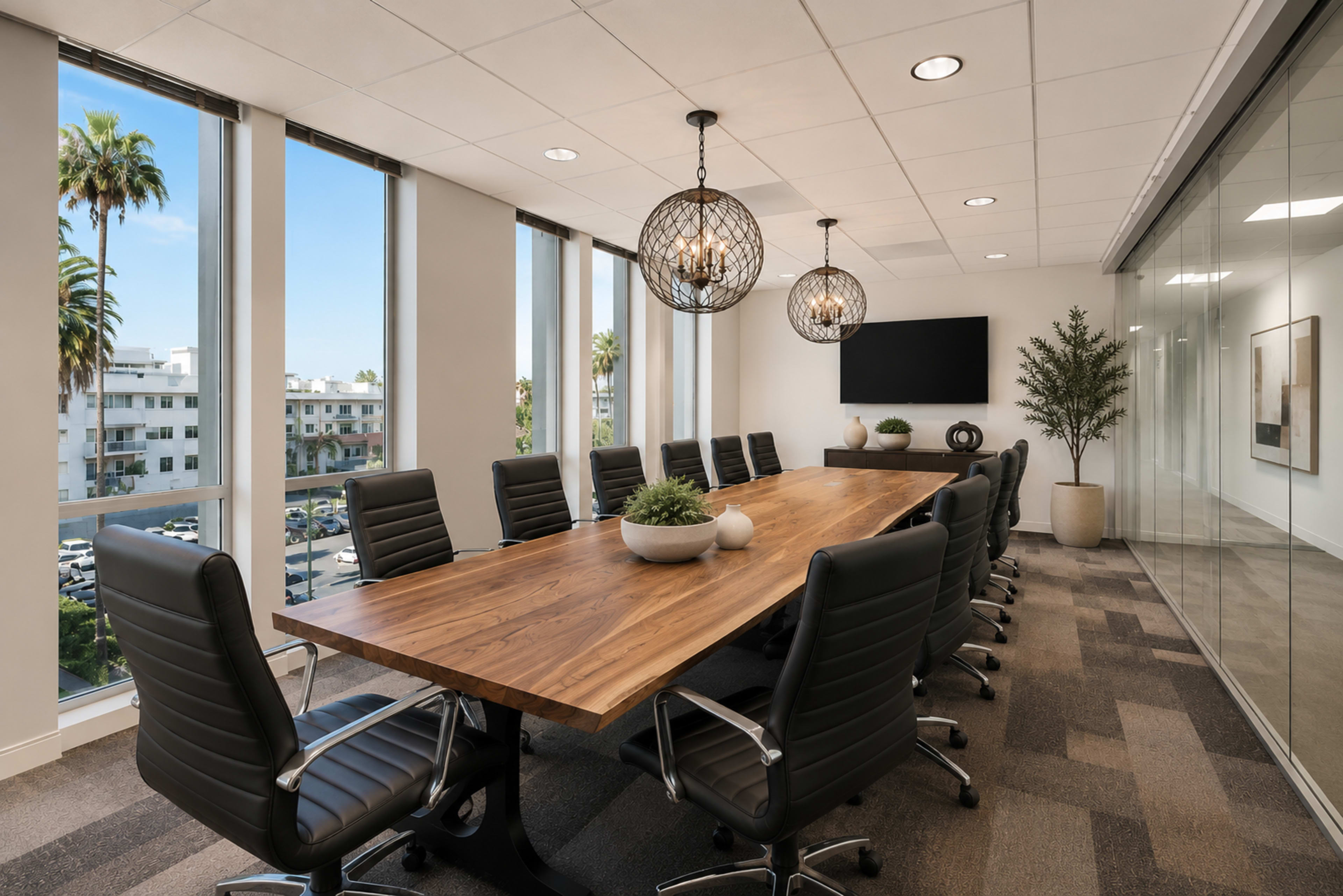 The image shows a modern conference room featuring a large wooden table surrounded by leather chairs, with windows offering a view of palm trees and an outdoor area.