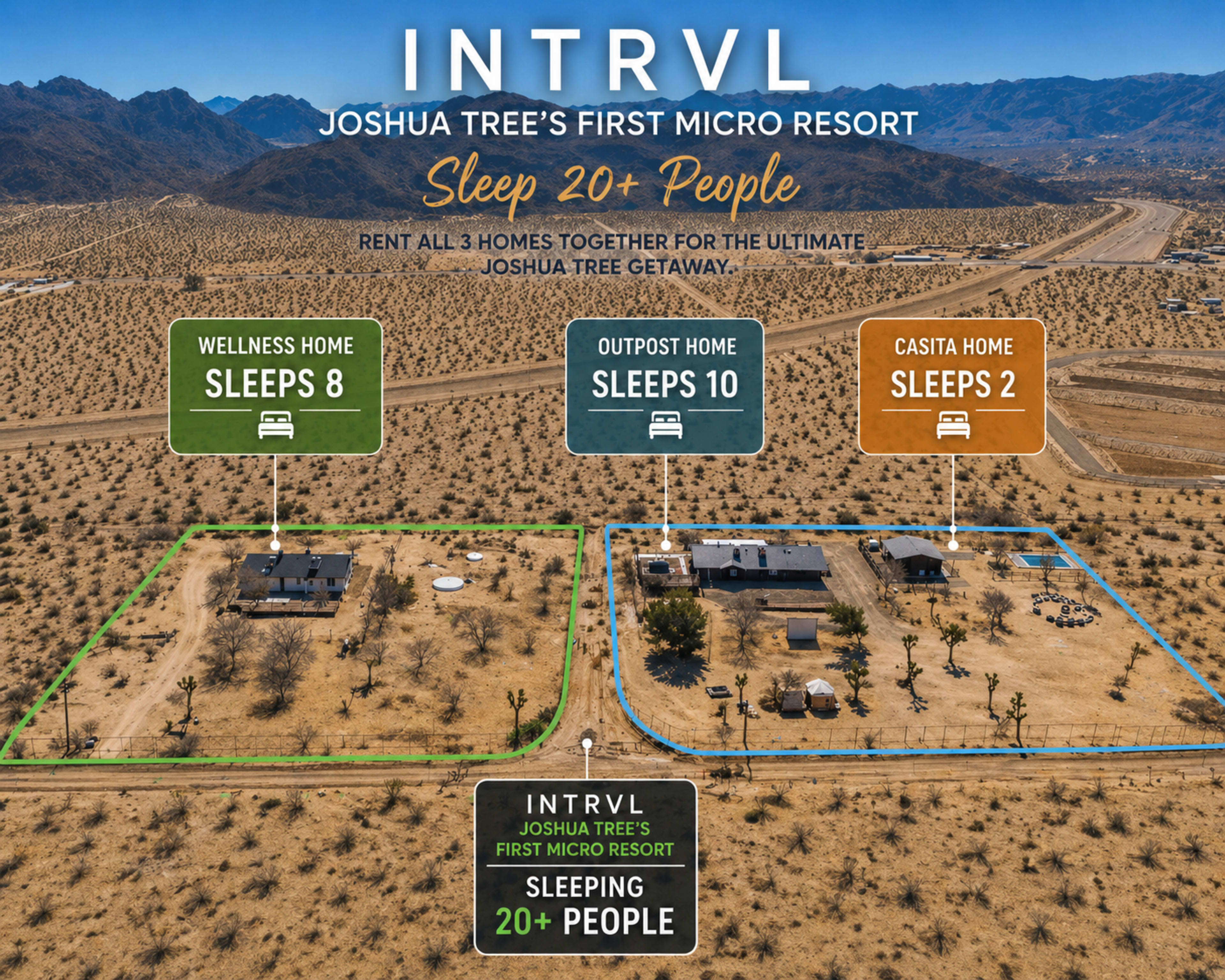 The image shows an aerial view of a micro resort in Joshua Tree, featuring three distinct homes designated for accommodations—Wellness Home, Casita Home, and a larger home—set against a barren desert landscape.