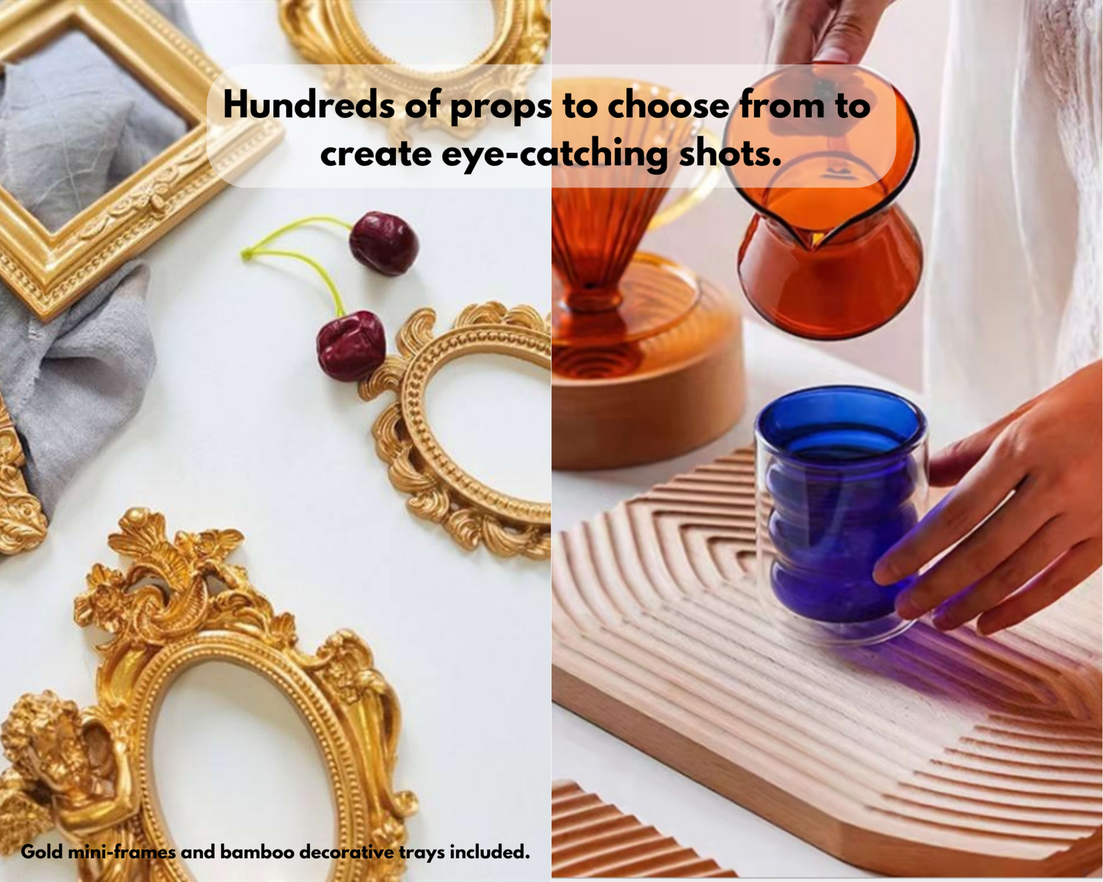 An array of decorative props, including ornate gold picture frames and colorful glass cups, arranged for use in photography.