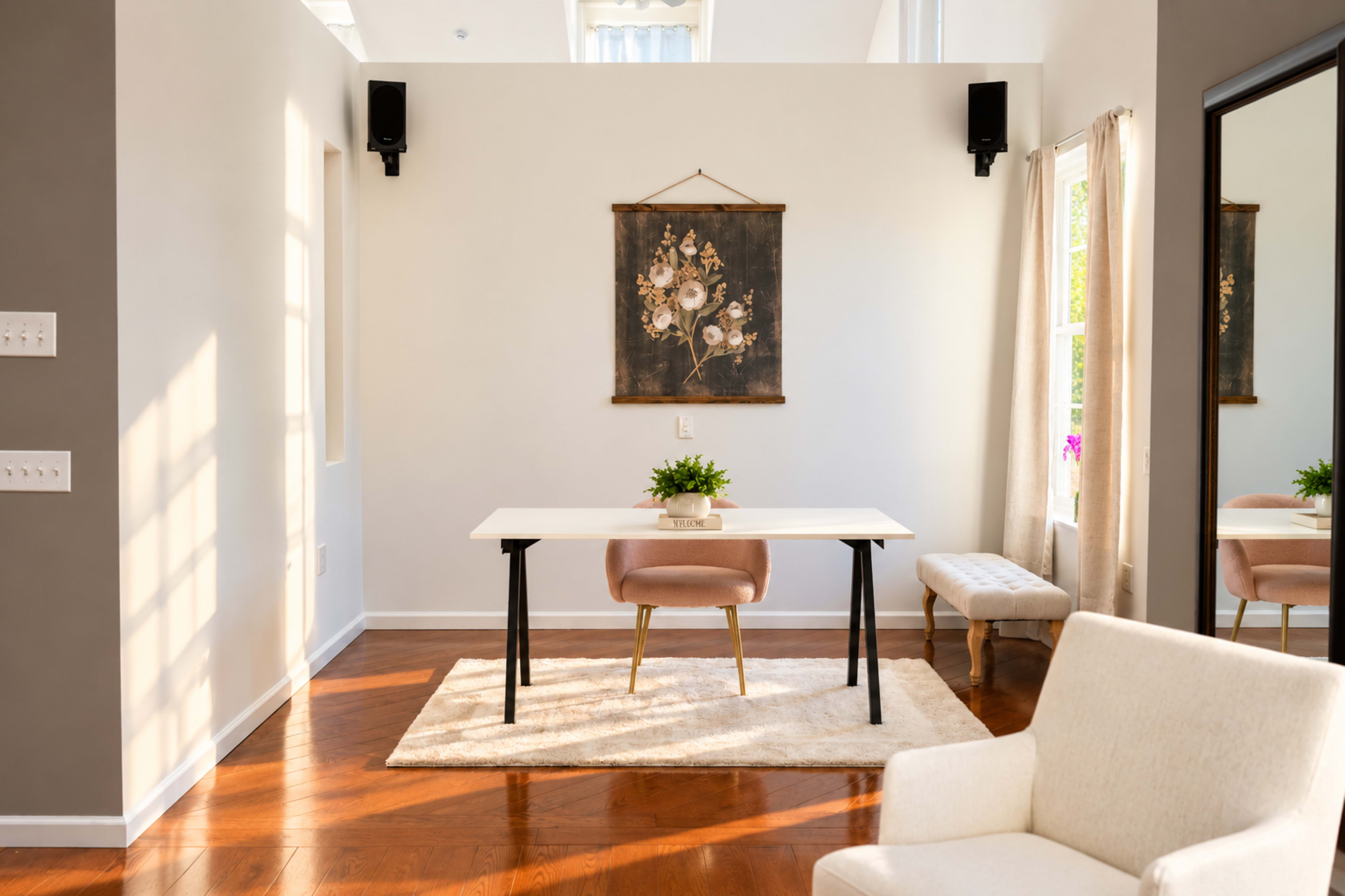 A light-filled office space features a wooden table with a pink upholstered chair, a decorative wall hanging, and a large mirror reflecting the room.
