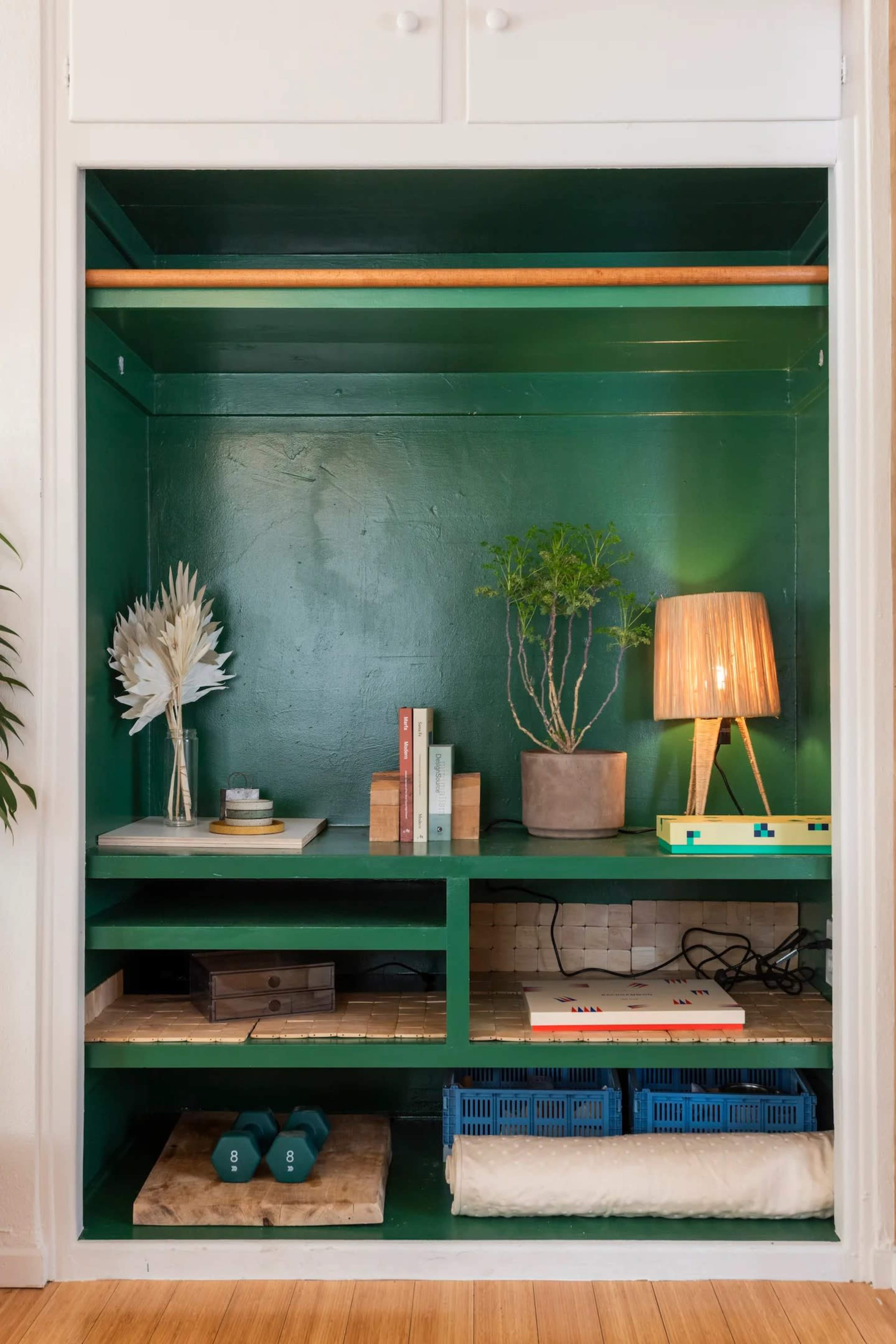 A green-painted closet featuring shelves with books, a plant, a lamp, and exercise weights.