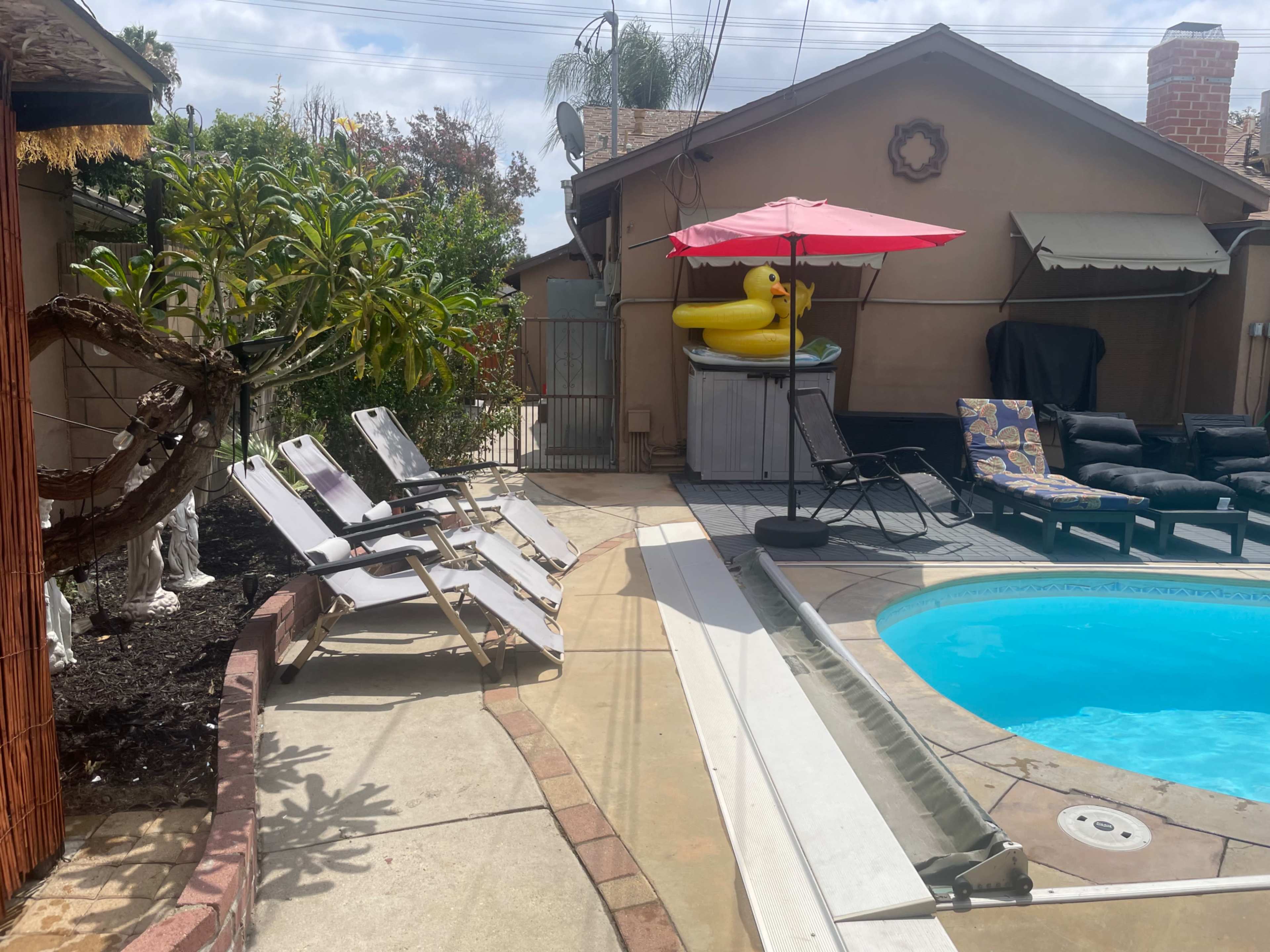 The image shows a backyard with a swimming pool, lounge chairs, a yellow inflatable duck, and a shaded area near a house.