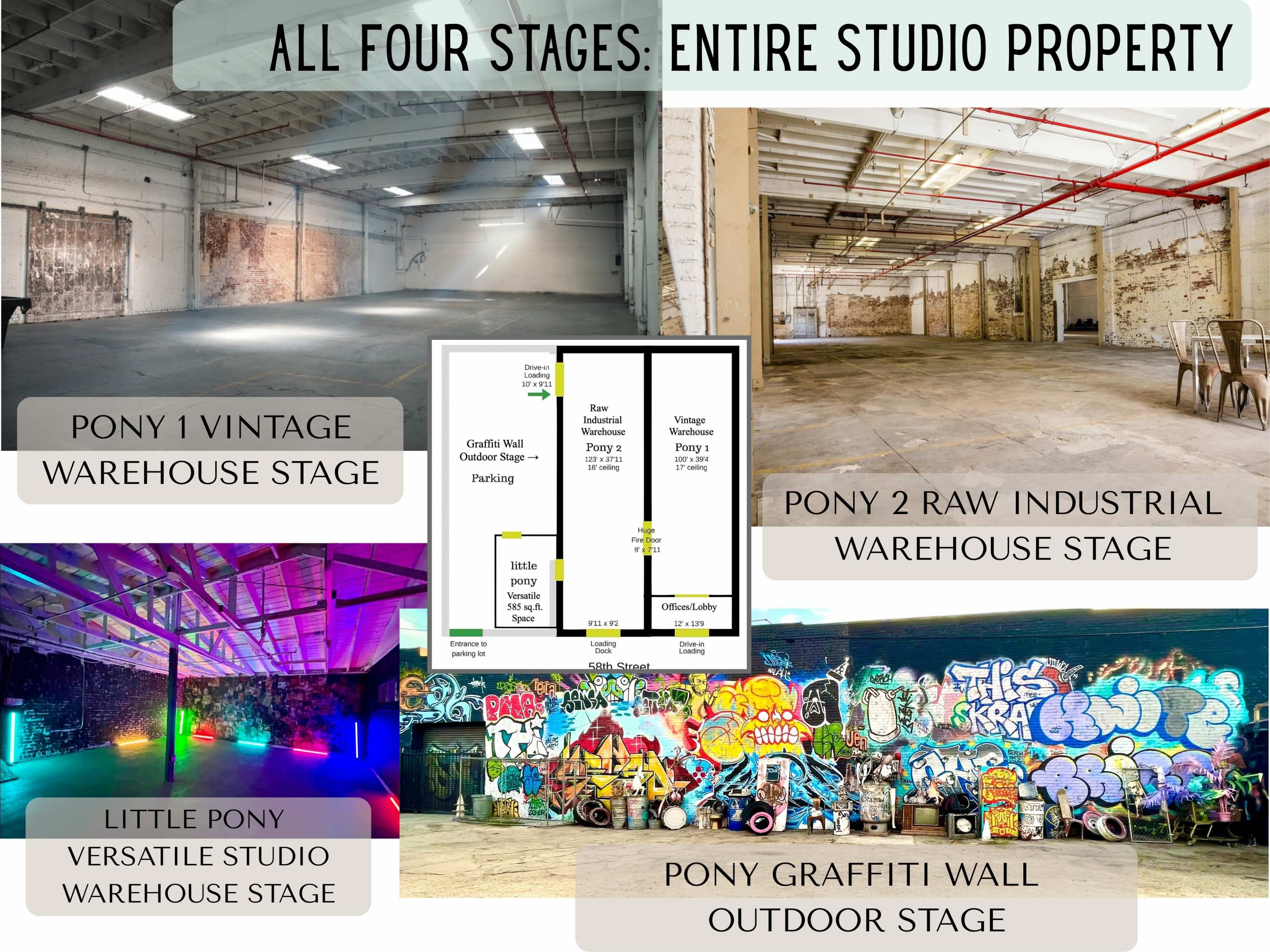 The image displays four distinct studio spaces: a vintage warehouse stage, a raw industrial warehouse stage, a versatile studio warehouse stage, and an outdoor stage featuring a graffiti wall, all in one property.