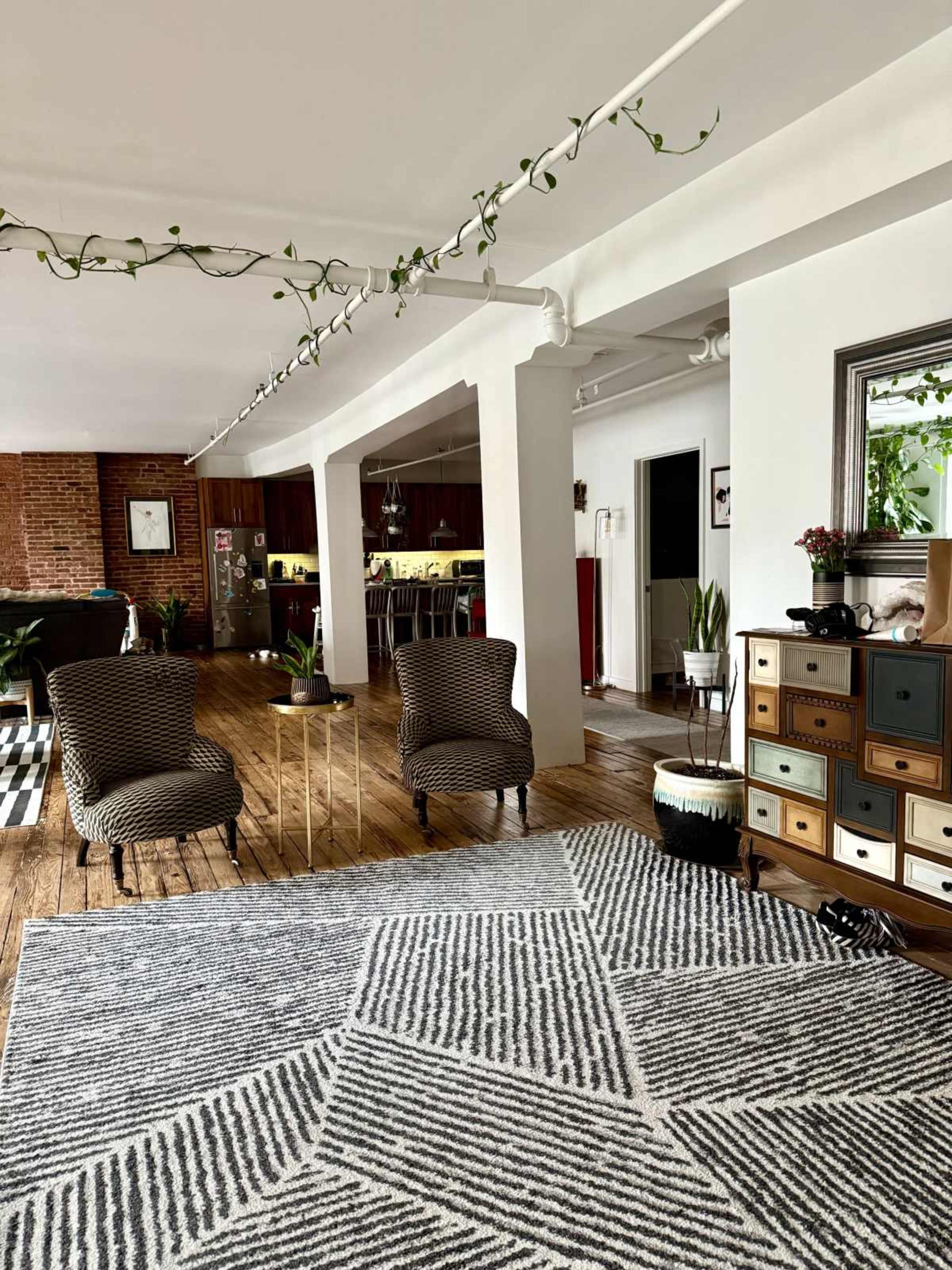 The image shows a spacious, open-concept living area with two striped chairs, a geometric area rug, and a mix of plants and furniture along the walls.