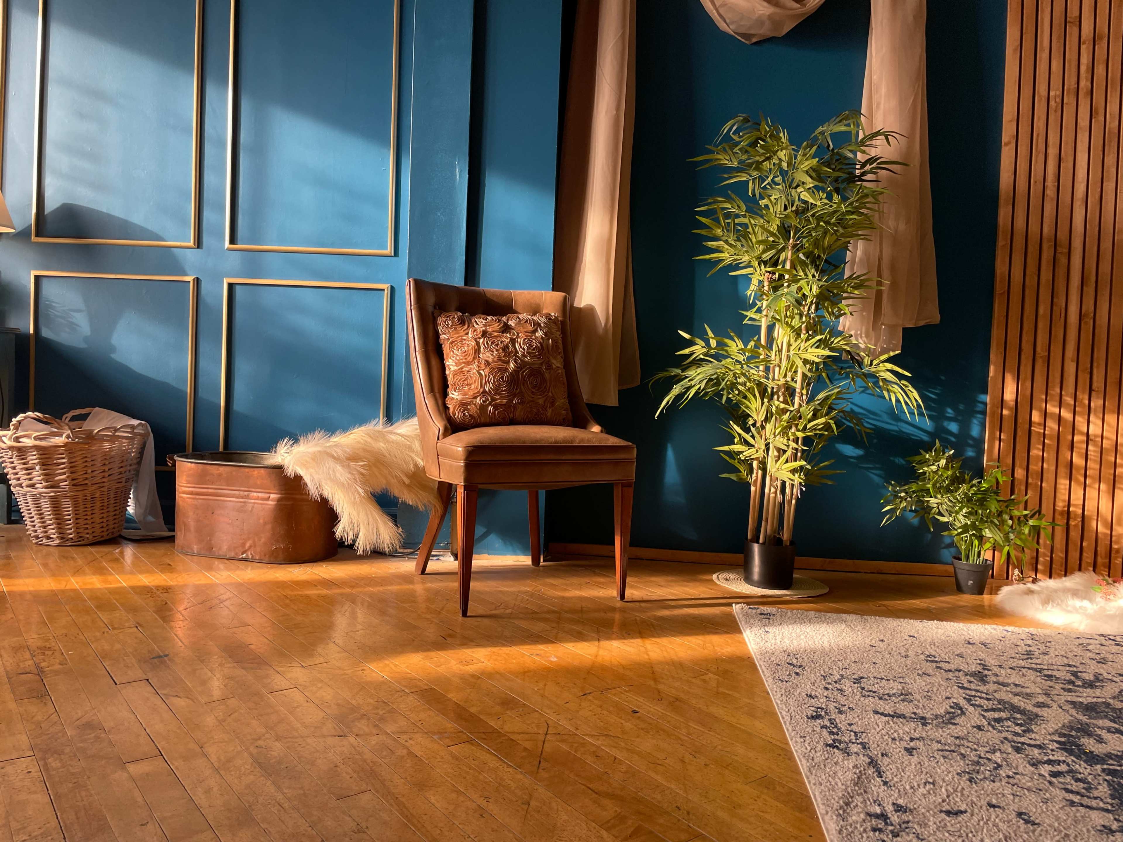 A wooden chair with a patterned cushion sits beside a potted plant in a well-lit room with blue walls and wooden accents.