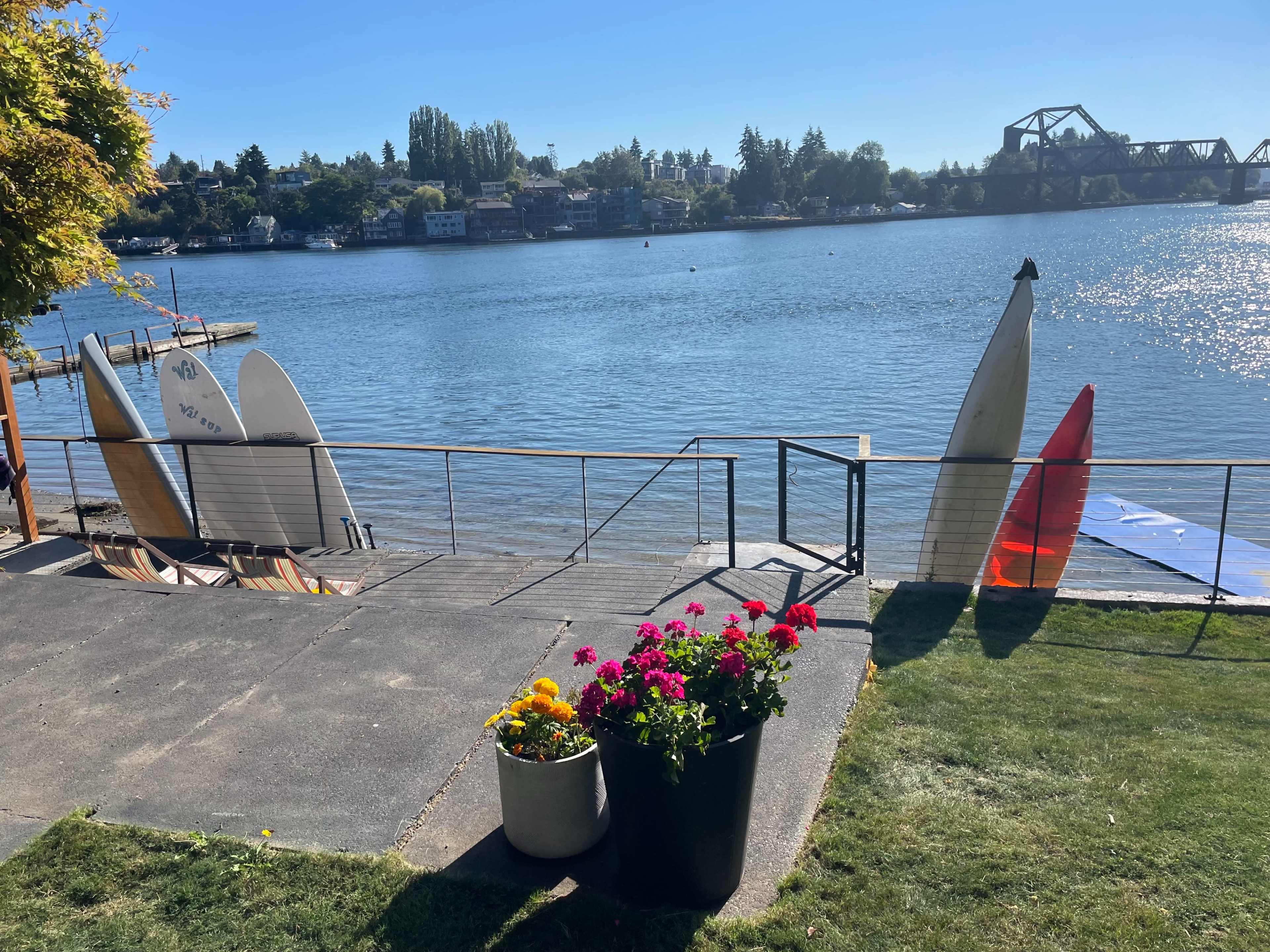 The image shows a waterfront scene with surfboards leaning against a railing, colorful flowers in a pot, and a calm river in the background with houses and a bridge visible.