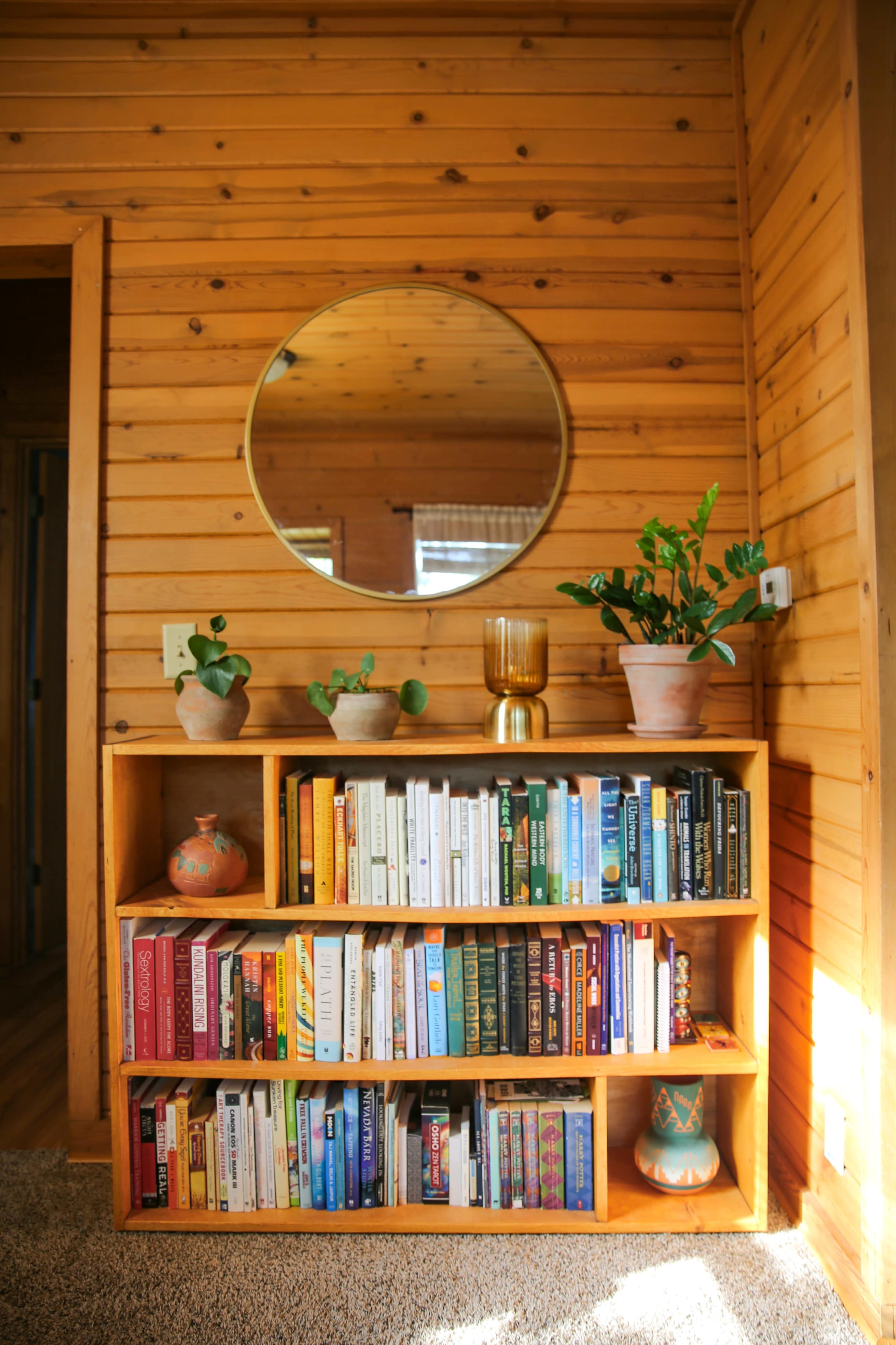A wooden bookshelf filled with books is positioned against a wooden-paneled wall, accompanied by potted plants and a round mirror above it.