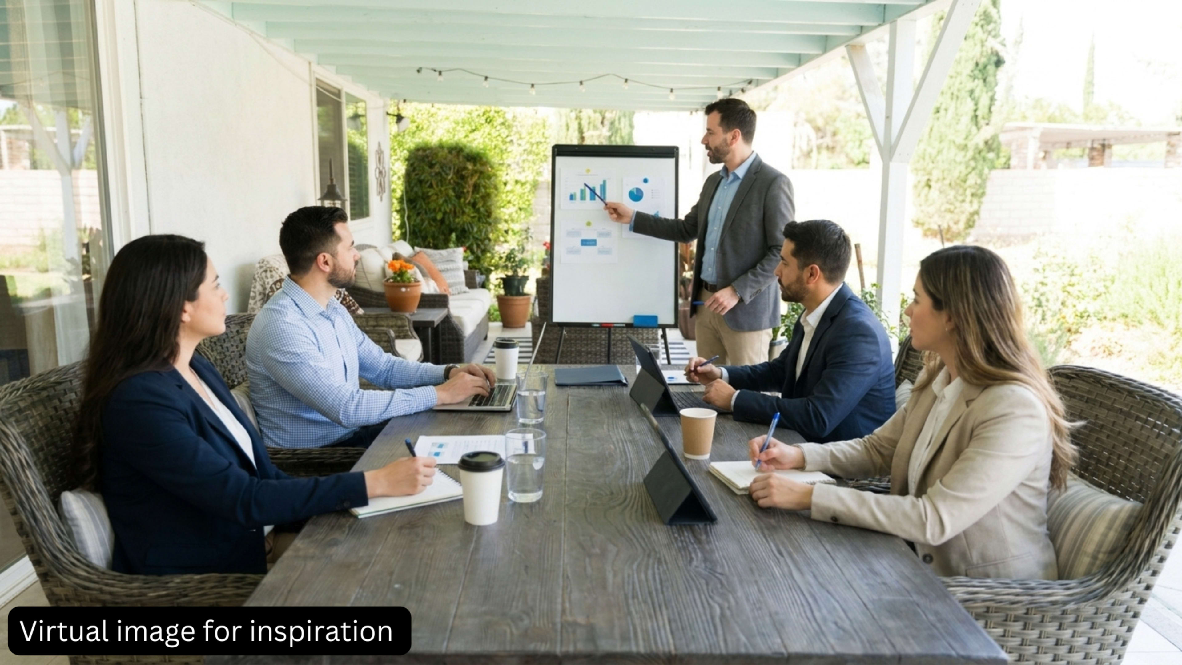 A group of six professionals is seated at an outdoor table, attentively engaging in a presentation that features charts and graphs on a whiteboard.